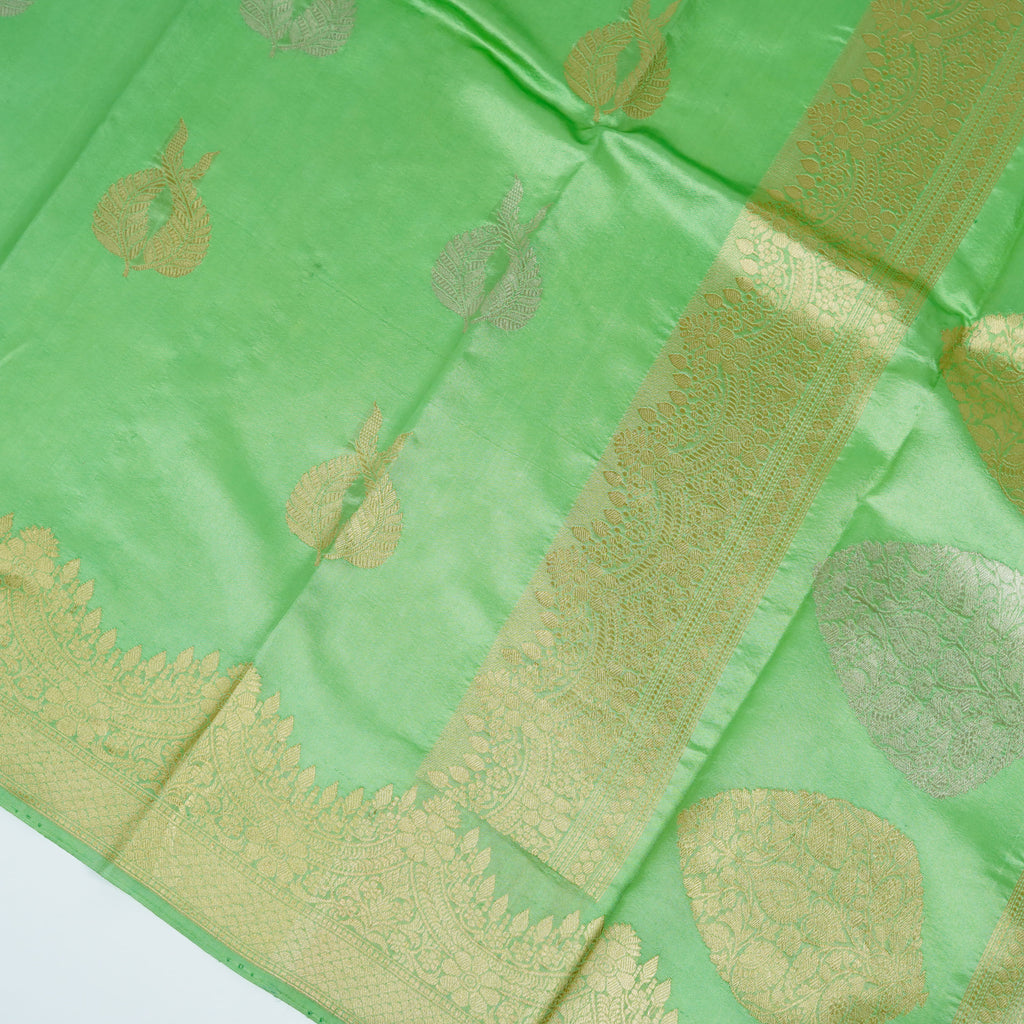 Light Green - Pure Silk Banarasi Saree with attractive Golden and silver boota design