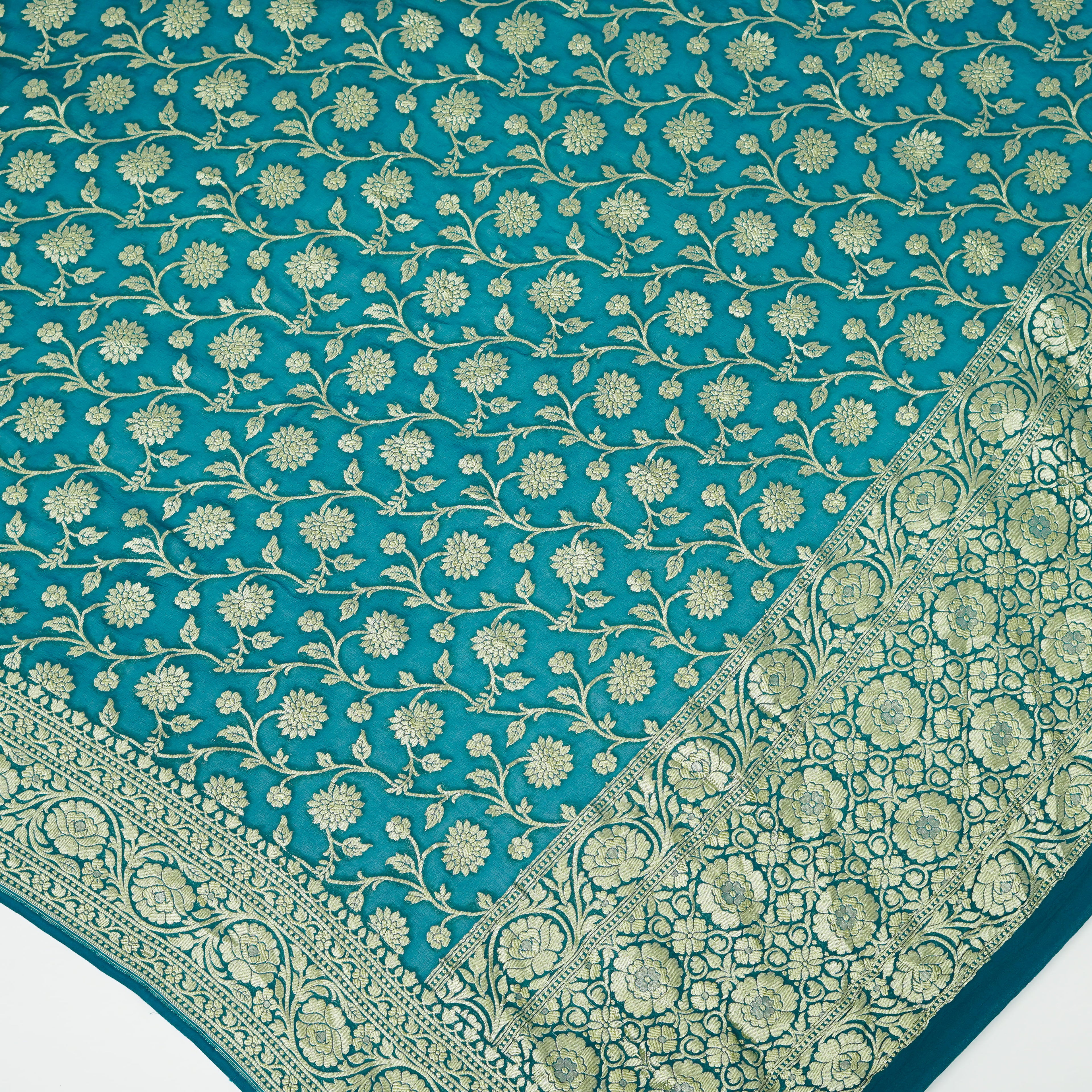 Cerulean Blue - Pure Georgette Banarasi Dupatta with Floral Jaal Pattern