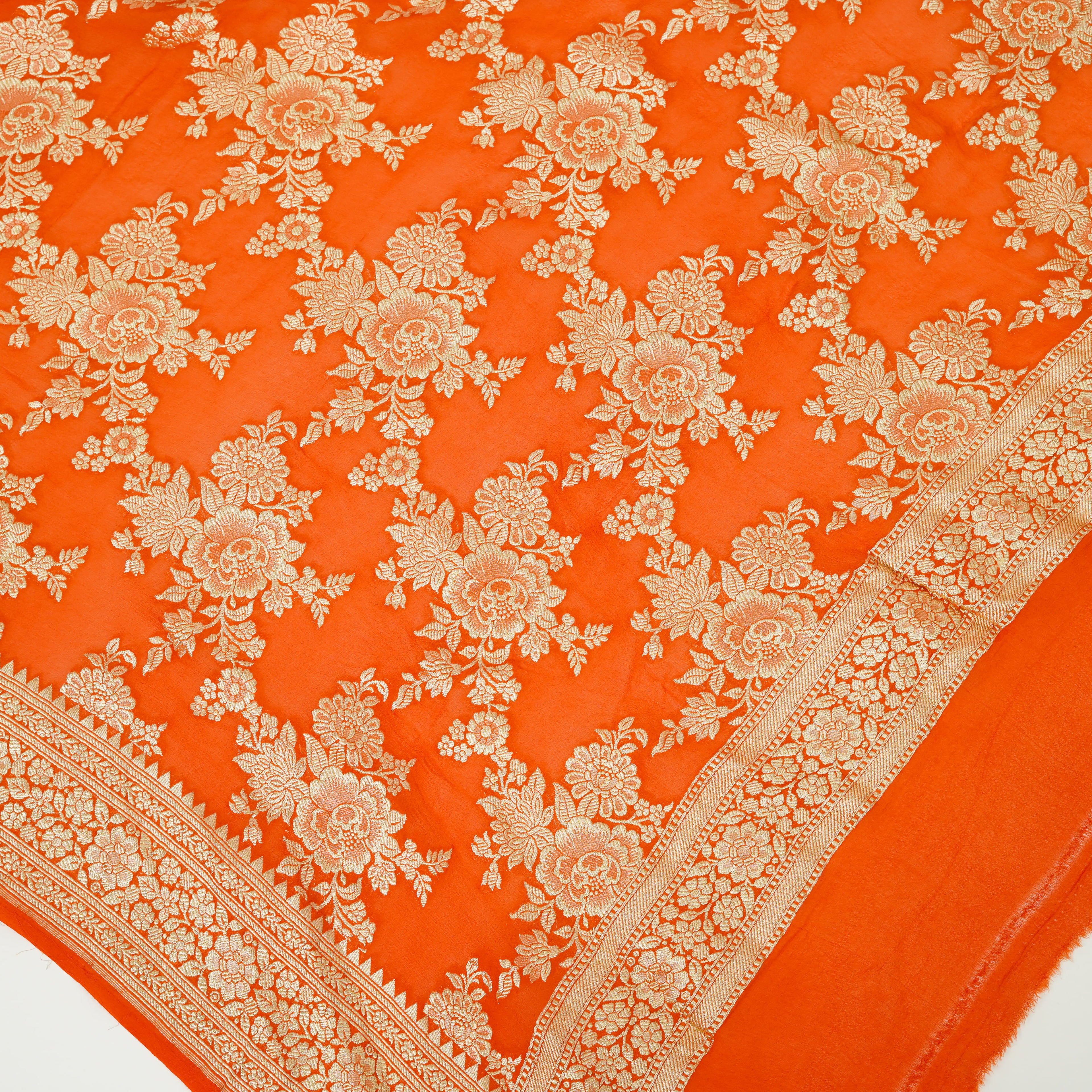 Bright Orange - Pure Georgette Banarasi Dupatta with Floral Jaal Pattern