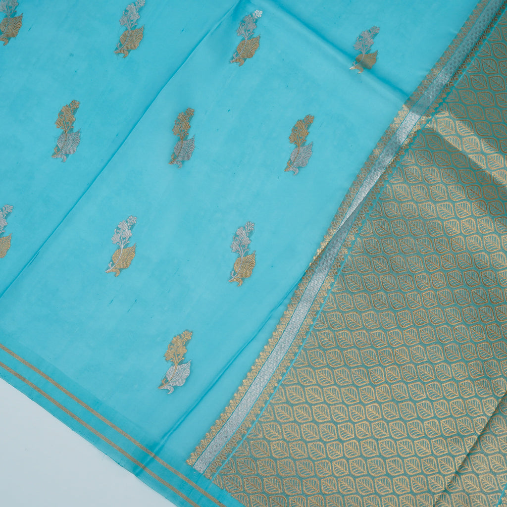 Sky Blue - Pure Organza Banarasi Saree with light Golden silver Zari Booti