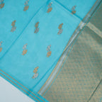 Sky Blue - Pure Organza Banarasi Saree with light Golden silver Zari Booti