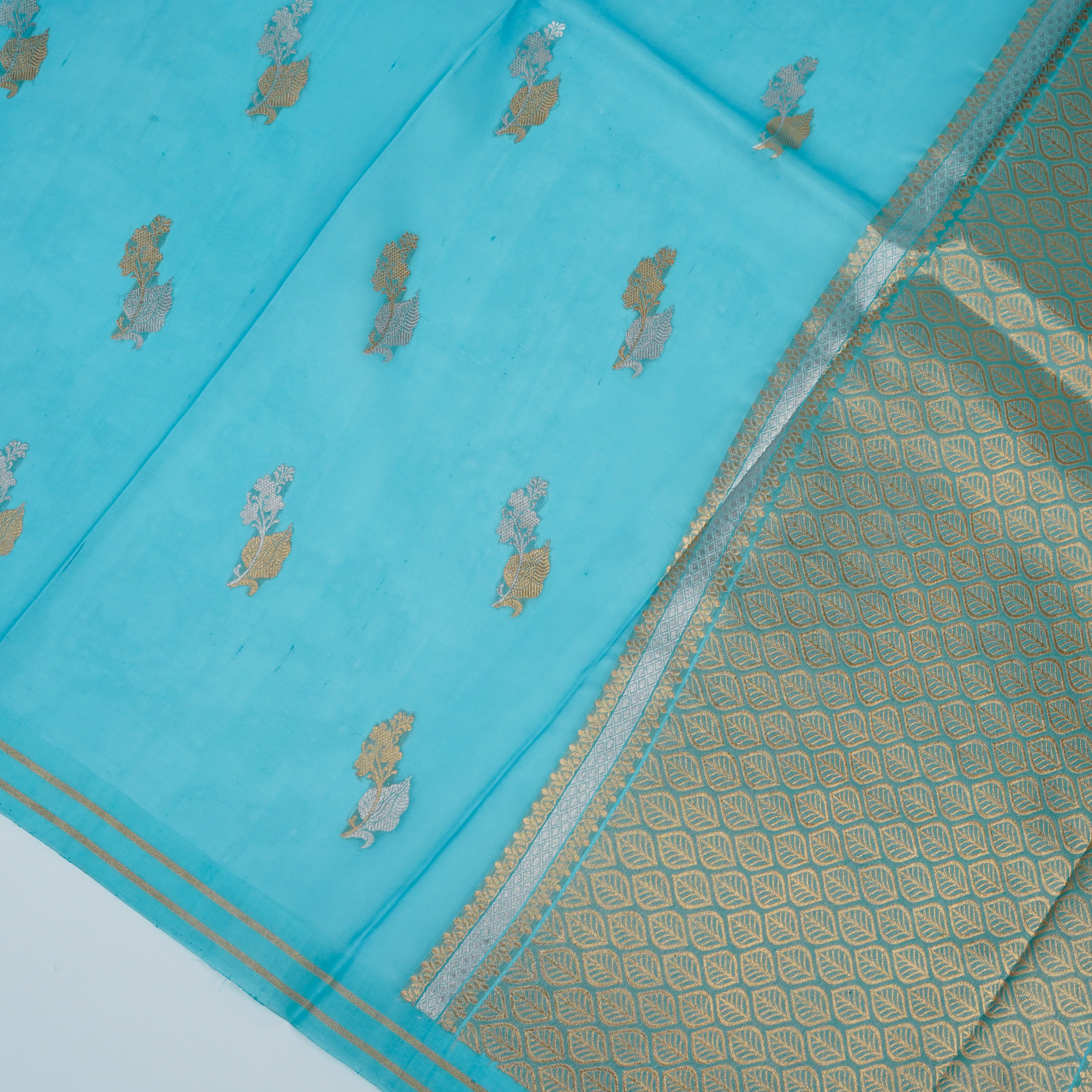 Sky Blue - Pure Organza Banarasi Saree with light Golden silver Zari Booti