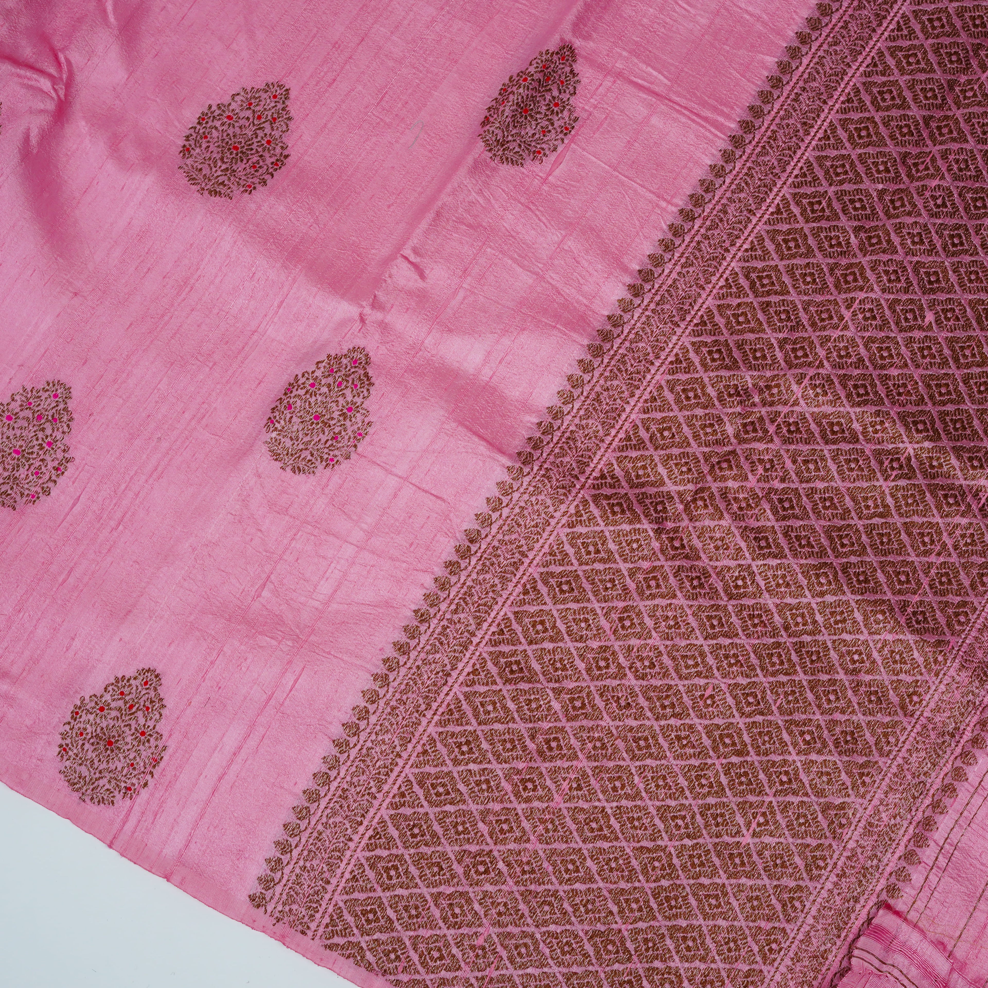 Baby Pink - Pure Matka Silk Banarasi Saree with neem zari Boota intricated with red and pink meena