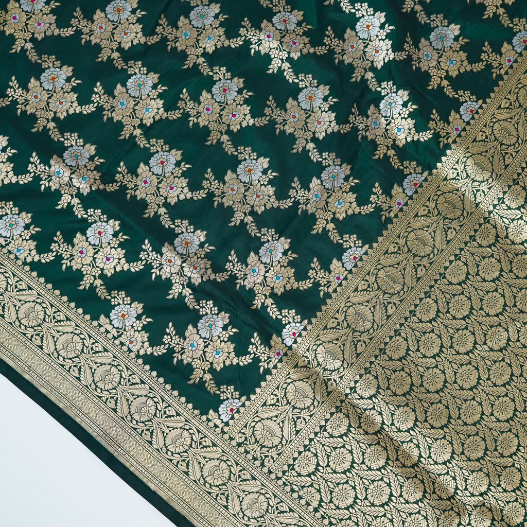 Bottle Green - Pure Katan Silk Banarasi Saree with water zari and multi color Jaal