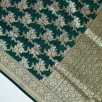 Bottle Green - Pure Katan Silk Banarasi Saree with water zari and multi color Jaal