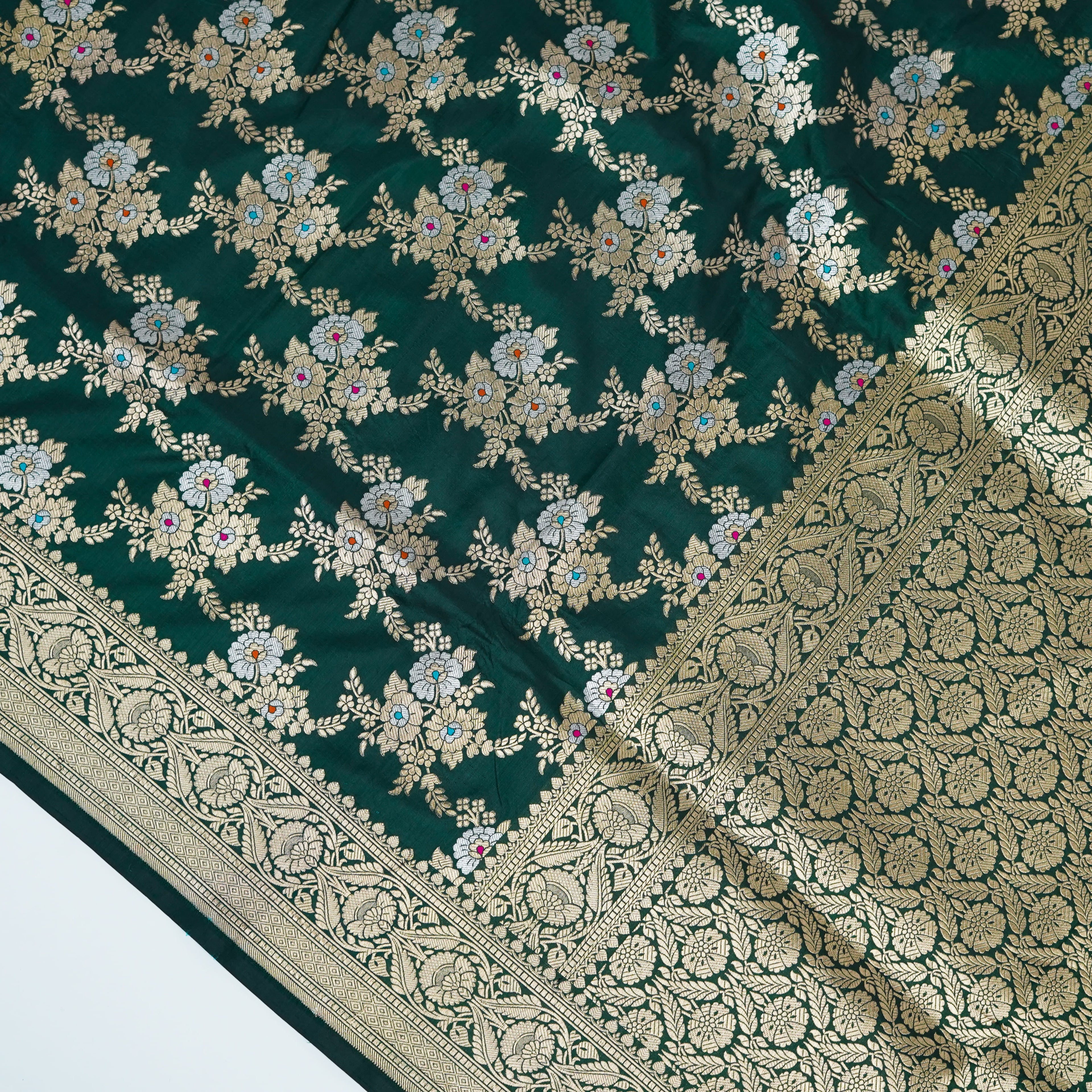 Bottle Green - Pure Katan Silk Banarasi Saree with water zari and multi color Jaal