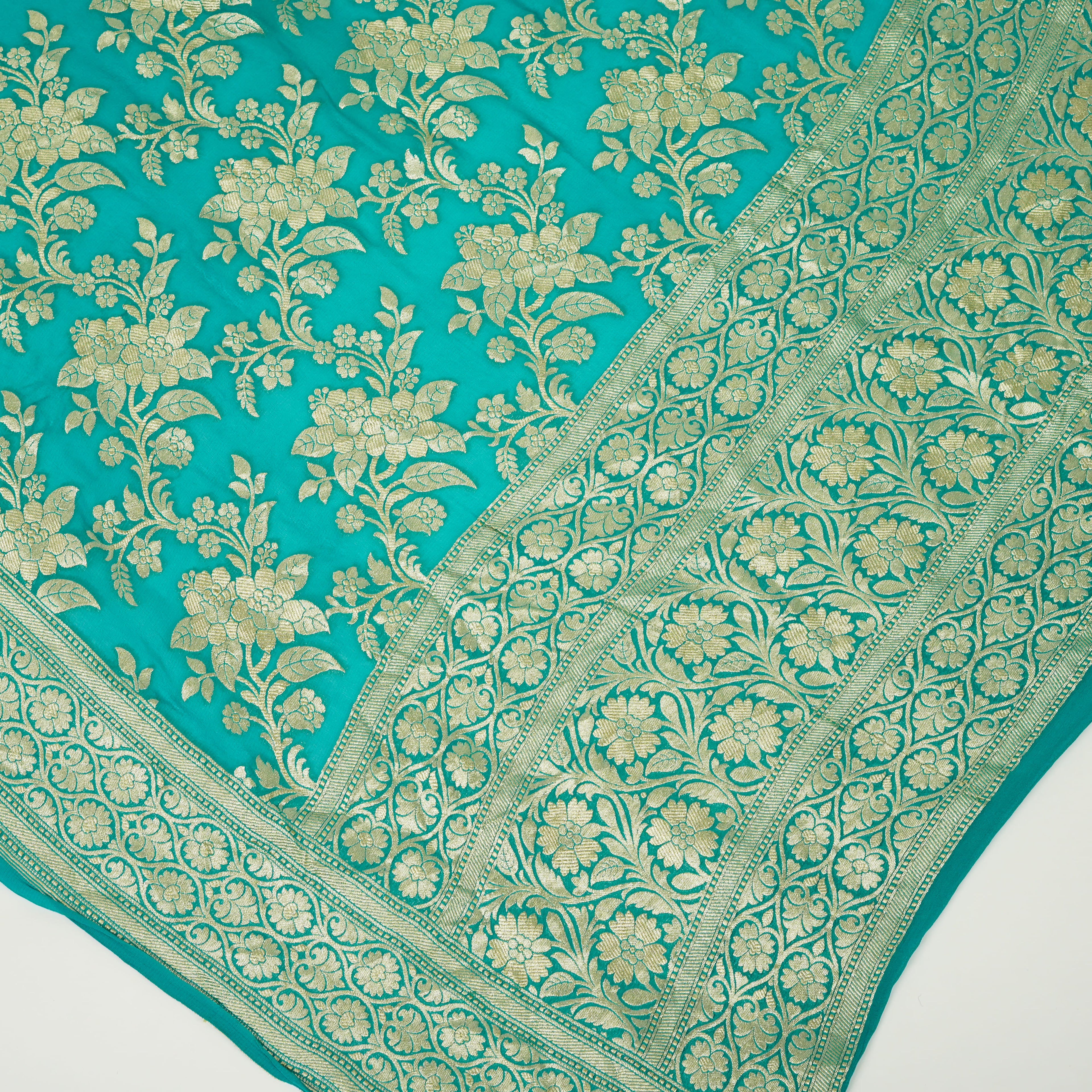 Dark Aqua Green - Pure Georgette Banarasi Dupatta with Floral Jaal Pattern