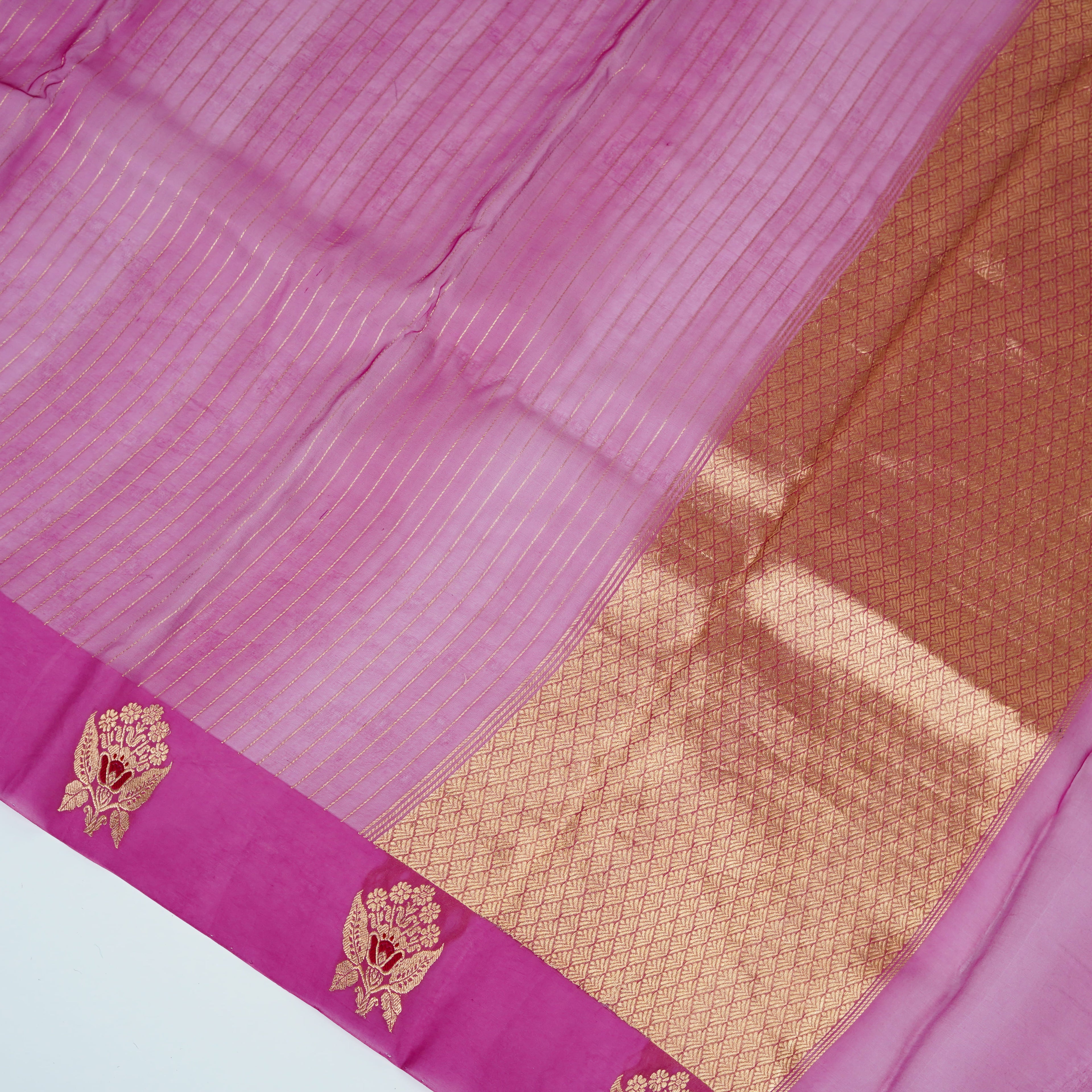 Hibiscus Pink - Pure Organza Banarasi Saree with Plain Stripe Pattern and Satin Border