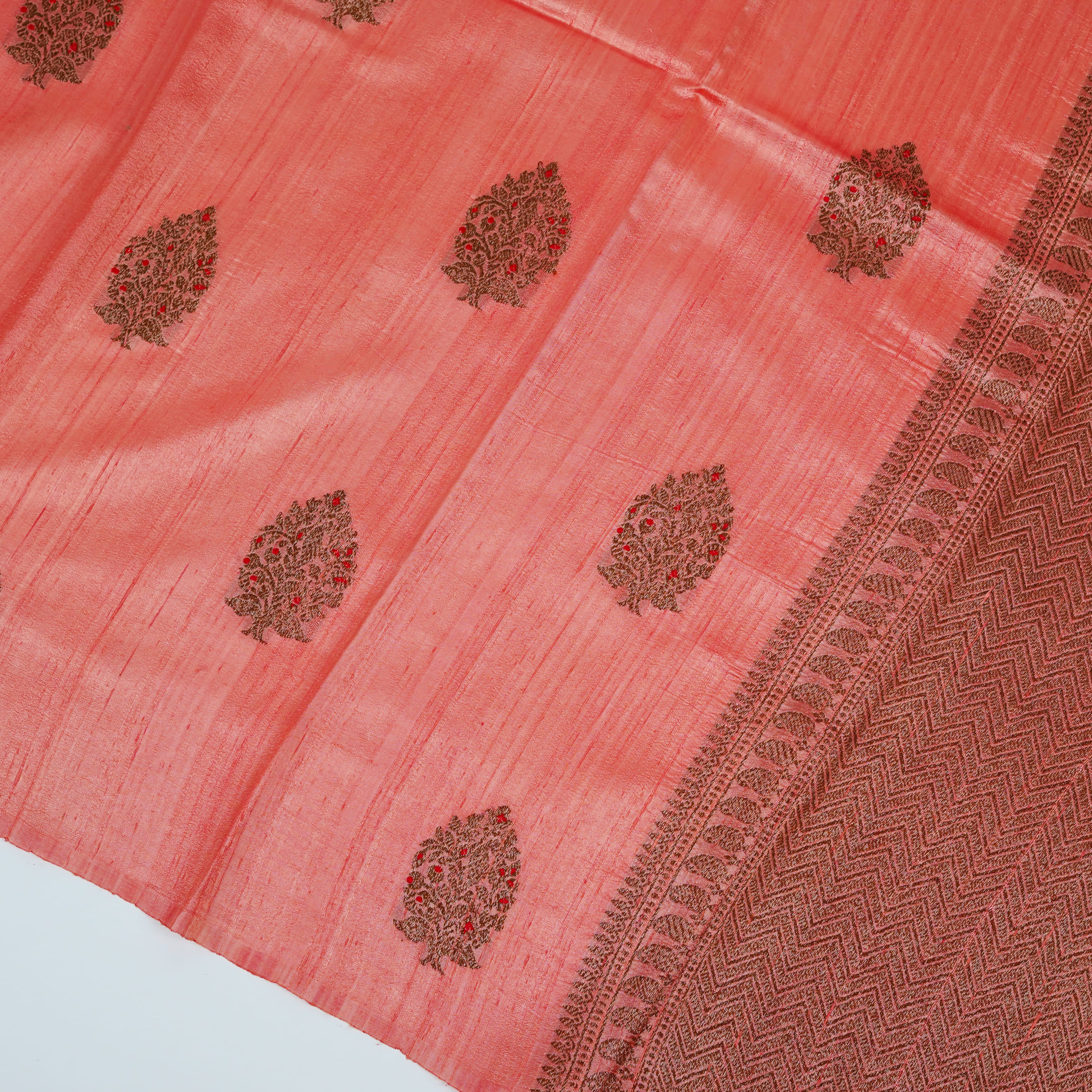 Peach  - Pure Matka Silk Banarasi Saree with neem zari Boota intricated with red and pink meena