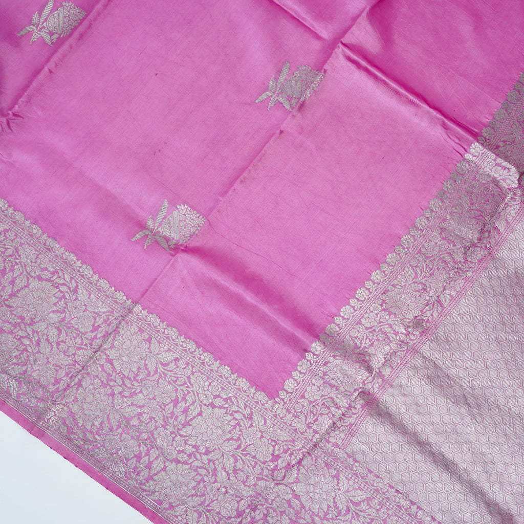 Pink - Pure Raw Mango Banarasi Saree with Silver Zari and Skirt Border Design