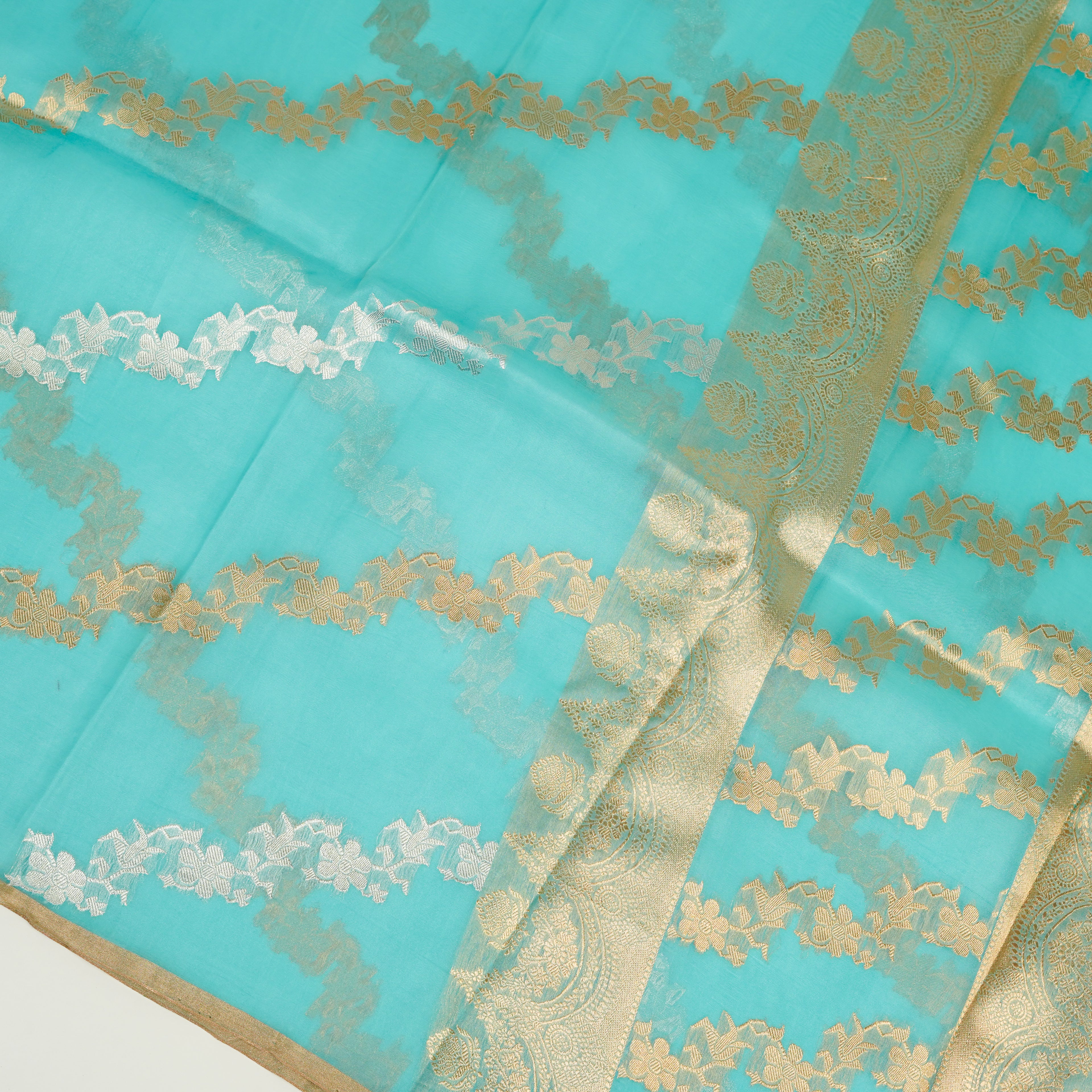 Sky Blue - Pure Organza Banarasi Saree with Banarasi Half Laheria in gold and silver