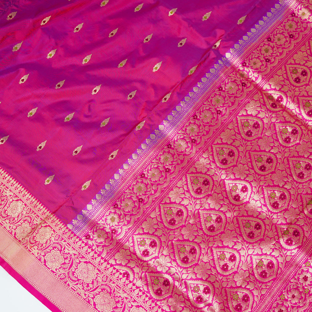 Wine contrast with Pink - Pure Soft premium Katan Silk Banarasi Saree with Alfi small Booti and contrast Satin Border