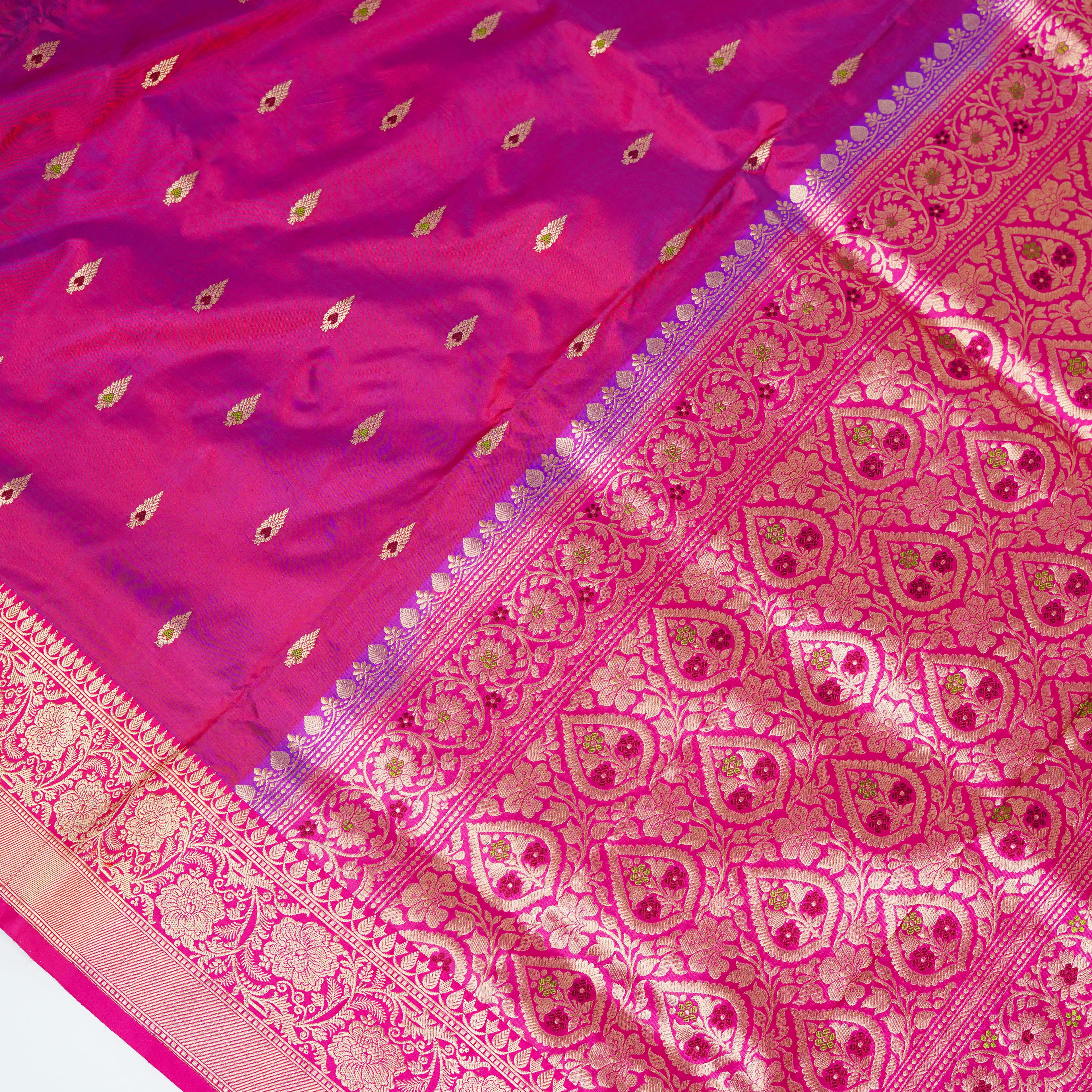 Wine contrast with Pink - Pure Soft premium Katan Silk Banarasi Saree with Alfi small Booti and contrast Satin Border