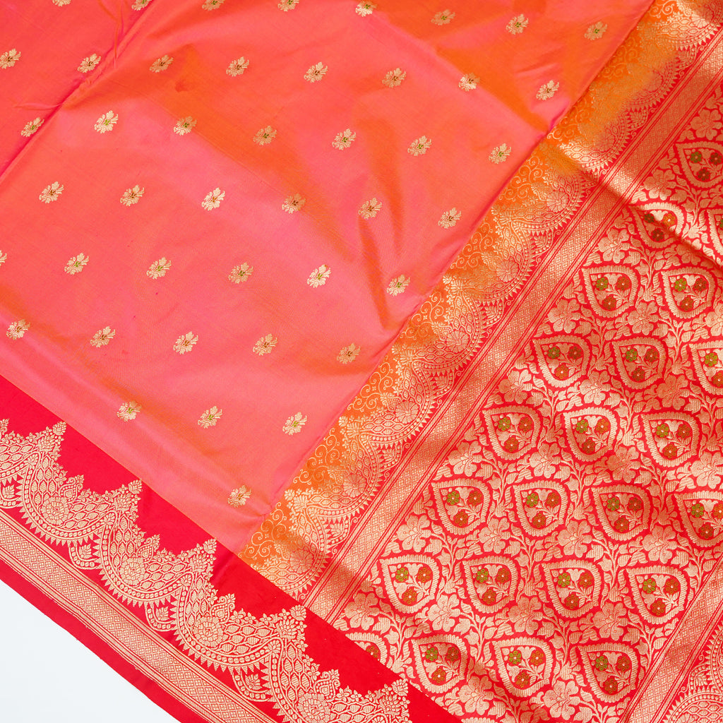 Pink contrast with Red - Pure Soft premium Katan Silk Banarasi Saree with Alfi small Booti and contrast Satin Border
