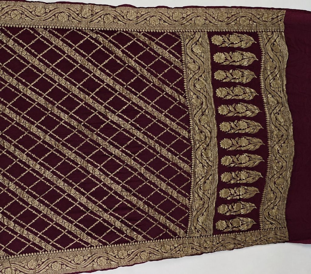 Wine - Pure Khaddi Chiffon Georgette Silk Banarasi Saree