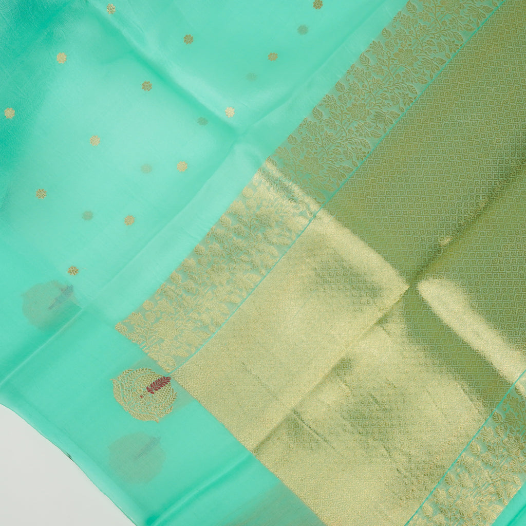 Sea Green - Pure Organza Banarasi Saree with Satin Border containing Alfi Golden Boota