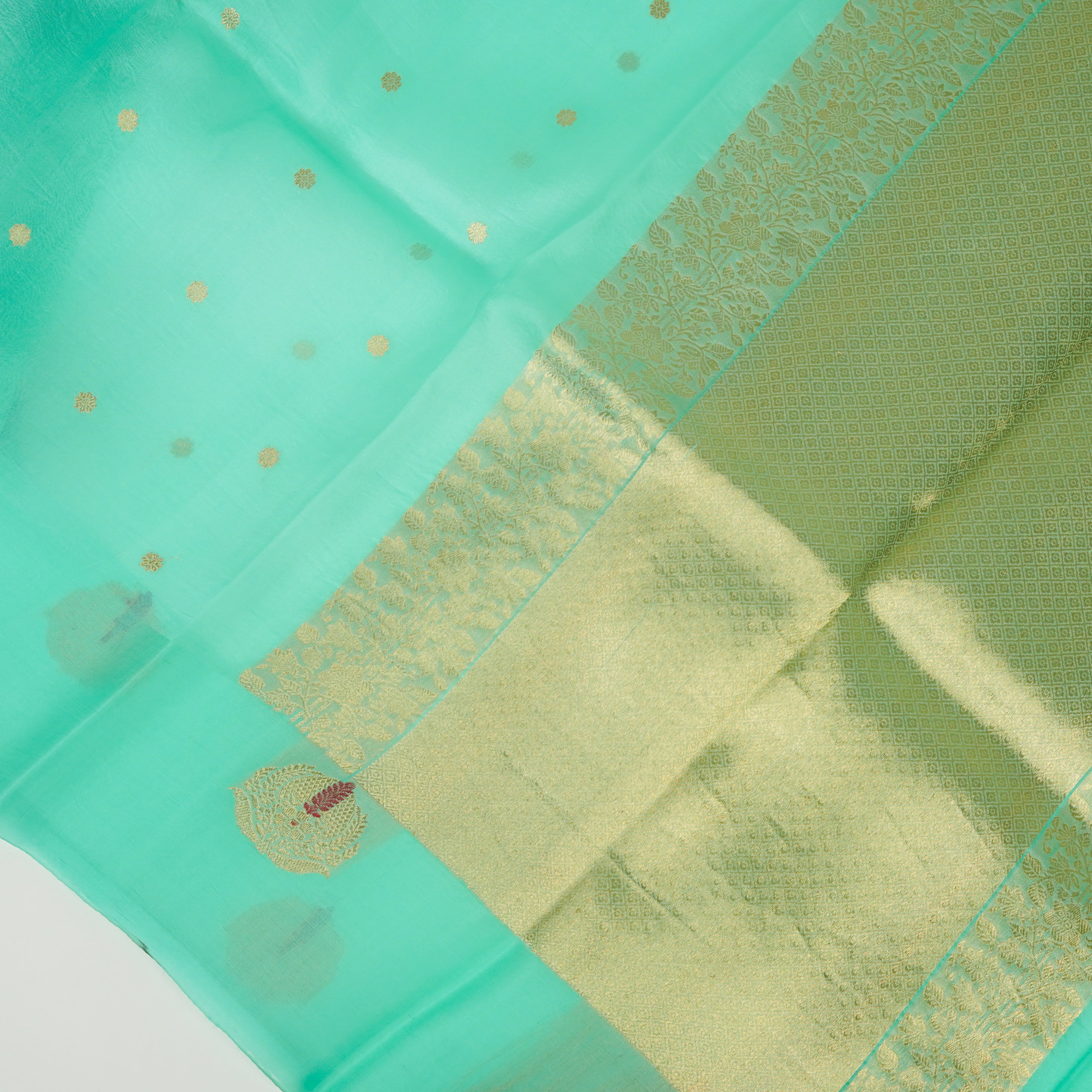 Sea Green - Pure Organza Banarasi Saree with Satin Border containing Alfi Golden Boota