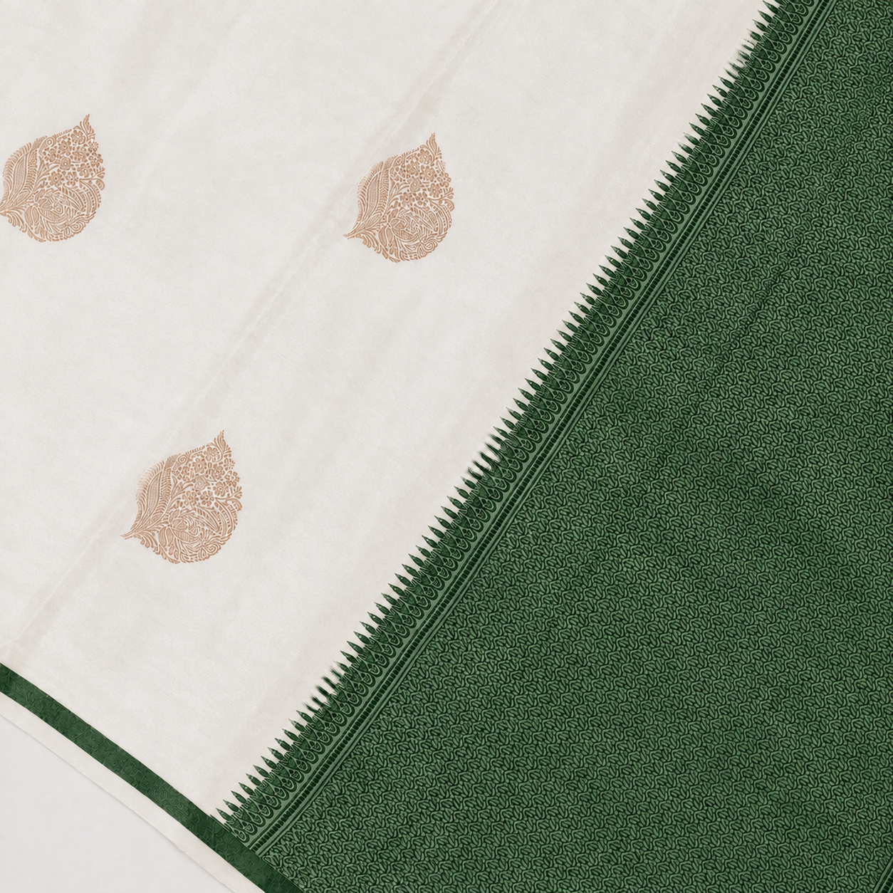 Off white with beautiful Deep Green motifs - Pure Soft Mashru Silk Banarasi Saree