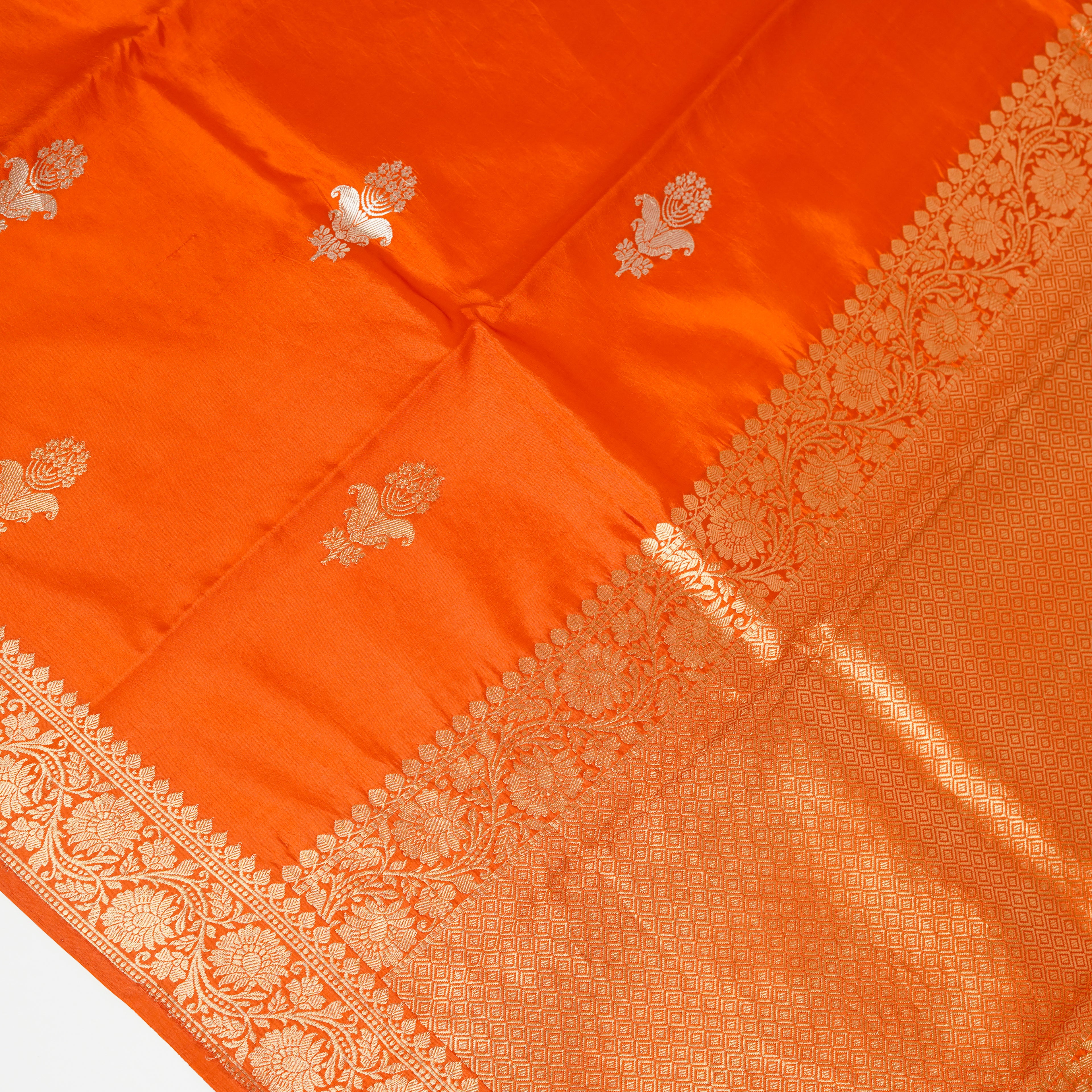 Rust - Pure Raw Mango Banarasi Saree with Golden and silver Boota Motifs