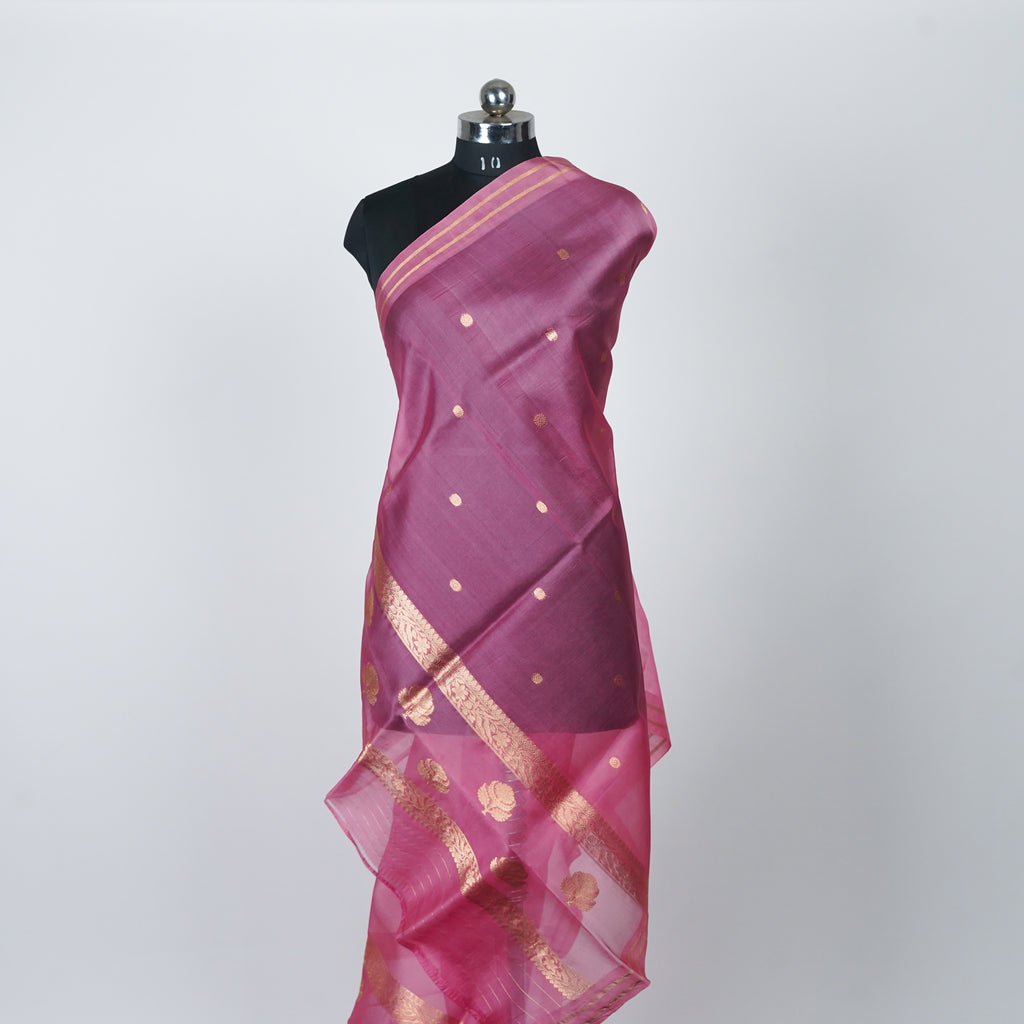 Teal Green Banarasi Handloom Luxury Suit set contrast with Pink color.