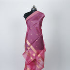 Teal Green Banarasi Handloom Luxury Suit set contrast with Pink color.
