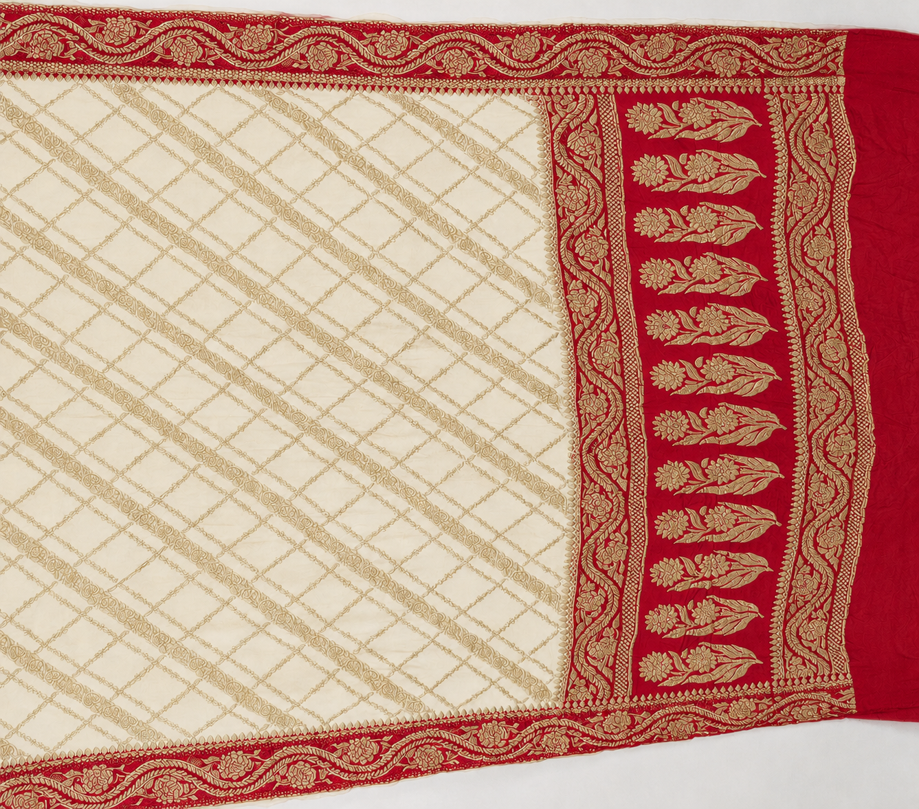 Ivory contrast with Classic Red- Pure Khaddi Chiffon Georgette Silk Banarasi Saree