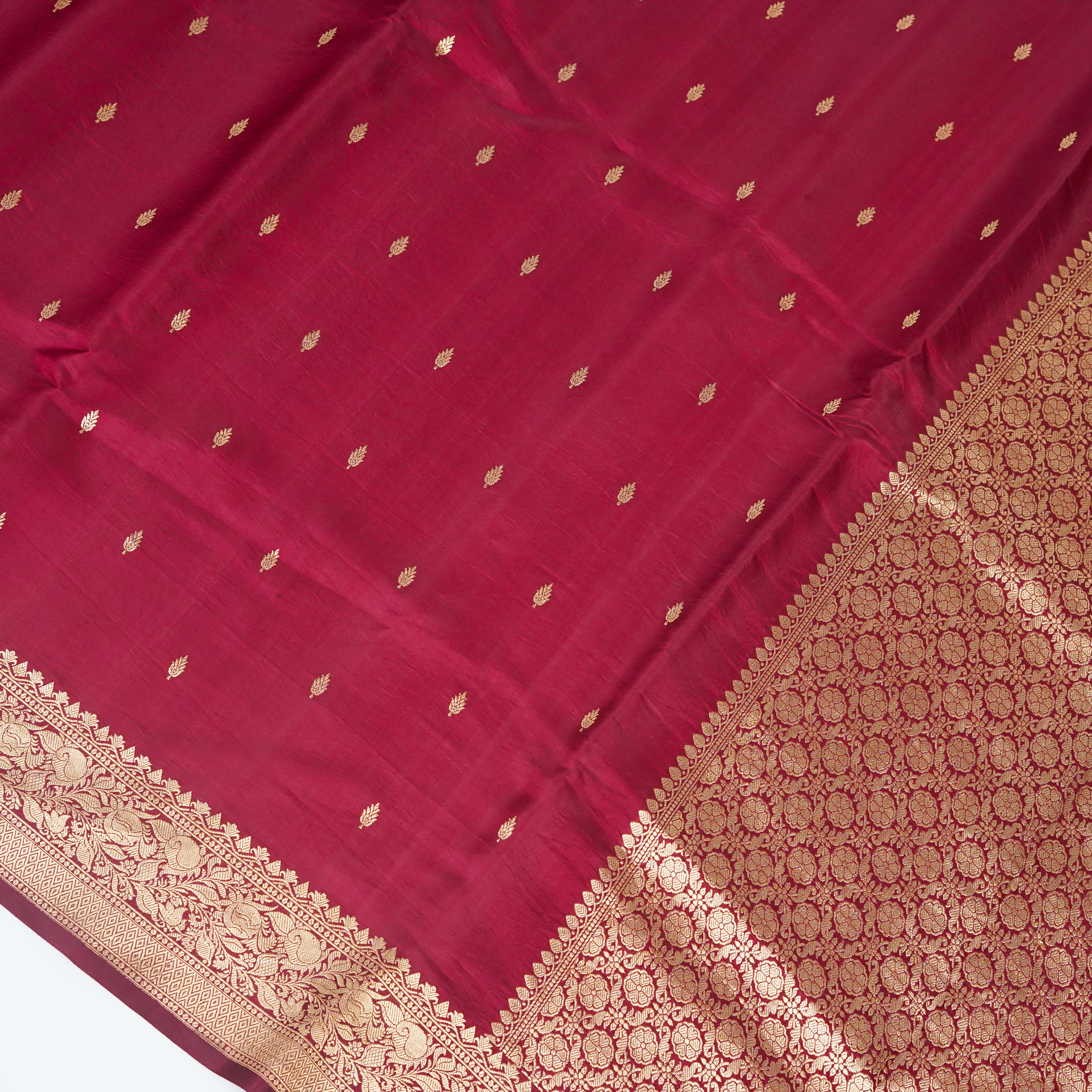 Deep Garnet - Pure Chiniya Mashru Silk Banarasi Saree with small golden zari booti