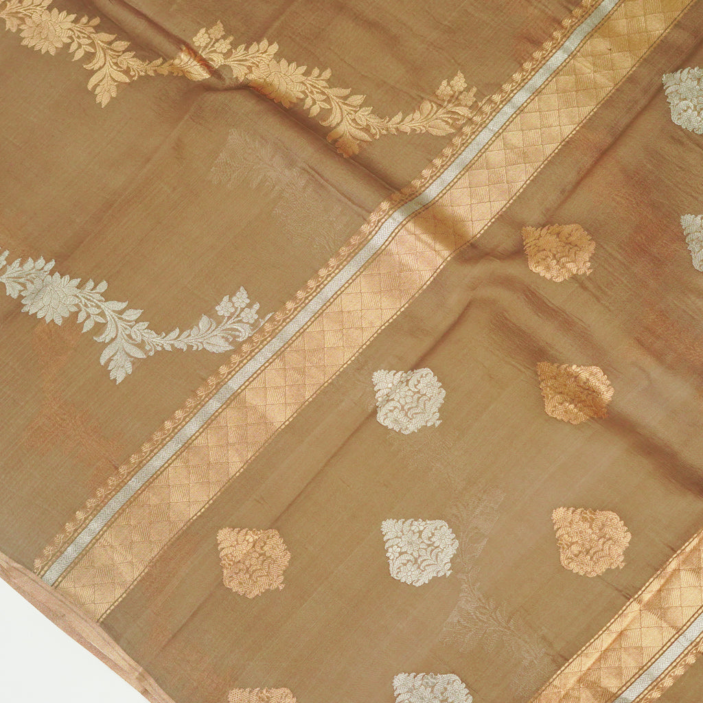 Dark Taupe - Pure Organza Banarasi Saree with Banarasi Half Laheria in gold and silver