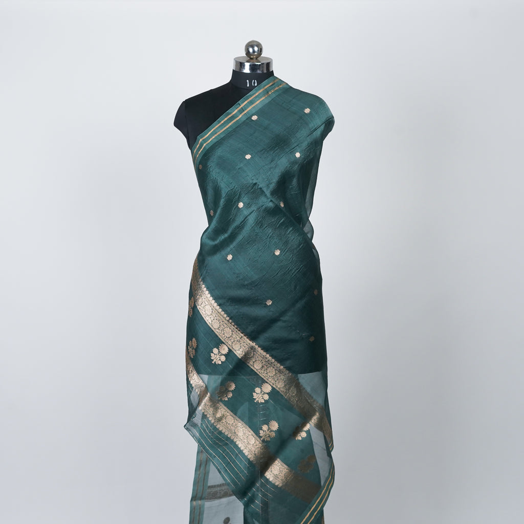 Pink Banarasi Handloom Luxury Suit set contrast with Emerald Deep Green color.