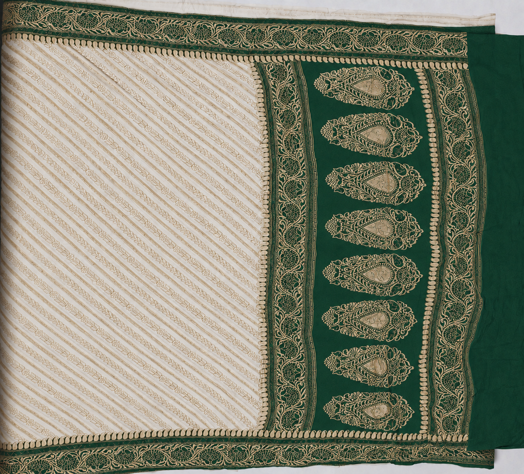Off White contrast with Emerald Green - Pure Khaddi Chiffon Georgette Silk Banarasi Saree
