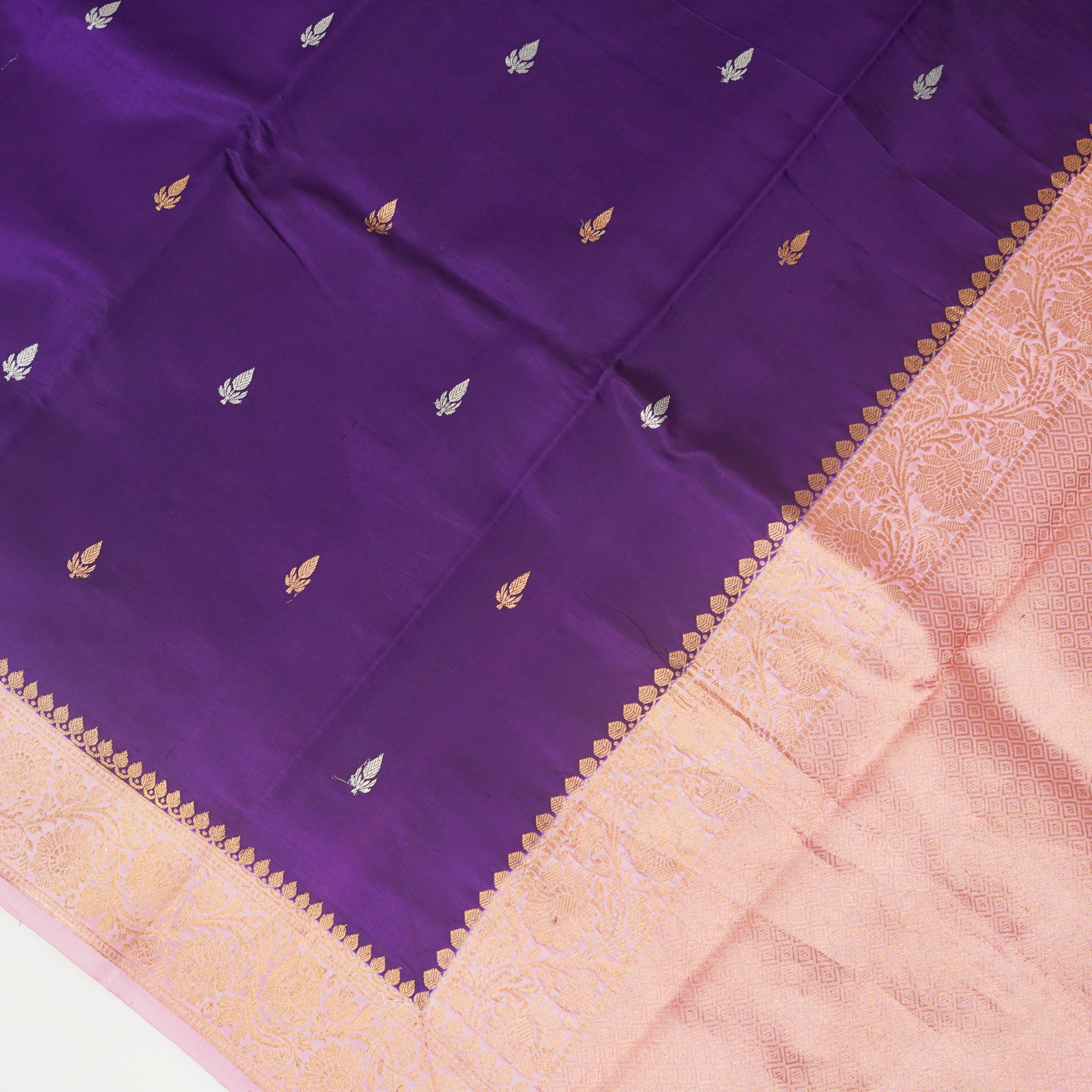 Purple Contrast with baby pink border - Pure Raw Mango Banarasi Saree with Goldenand silver Booti Motifs
