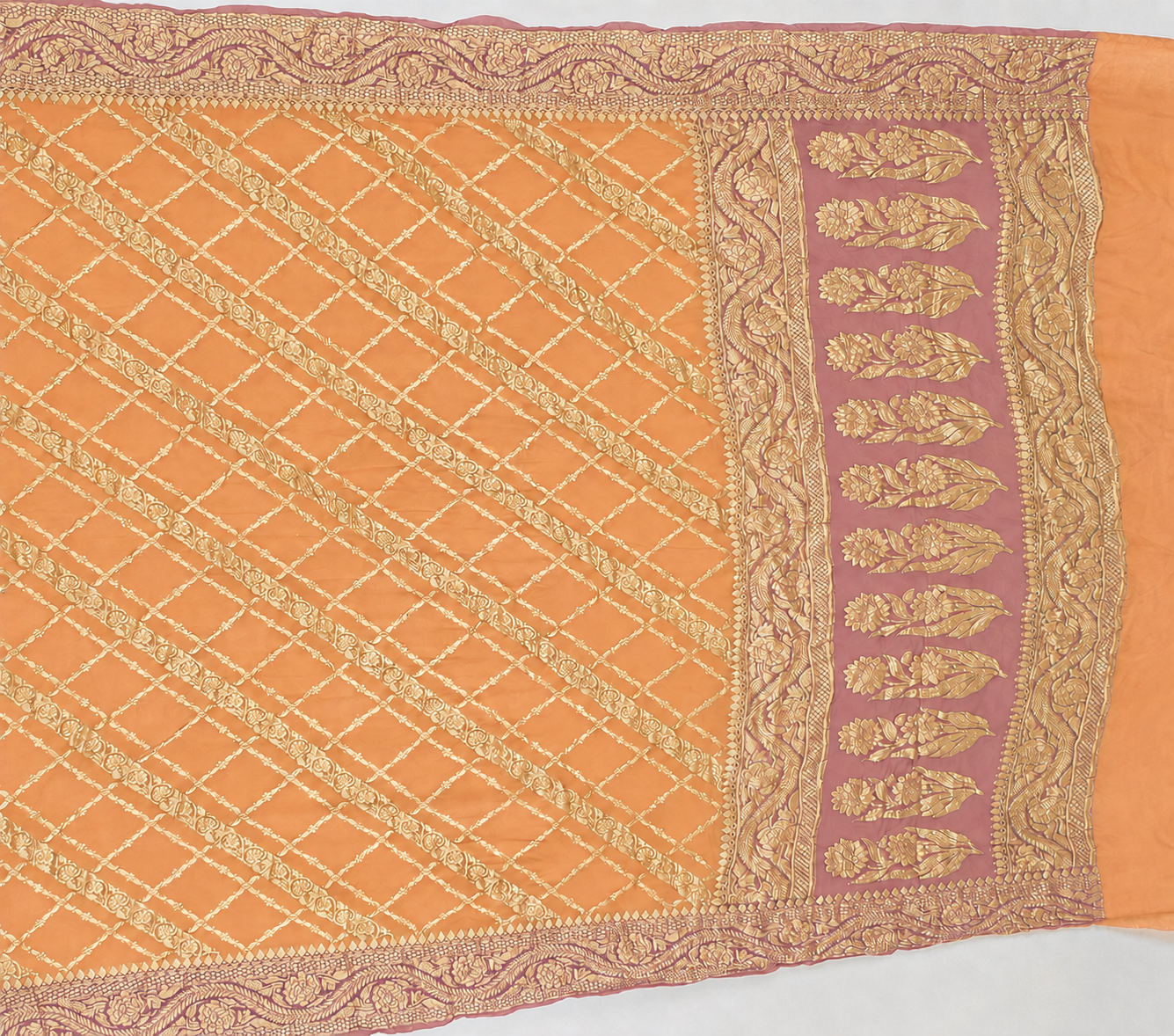 Peach contrast with Mauve- Pure Khaddi Chiffon Georgette Silk Banarasi Saree