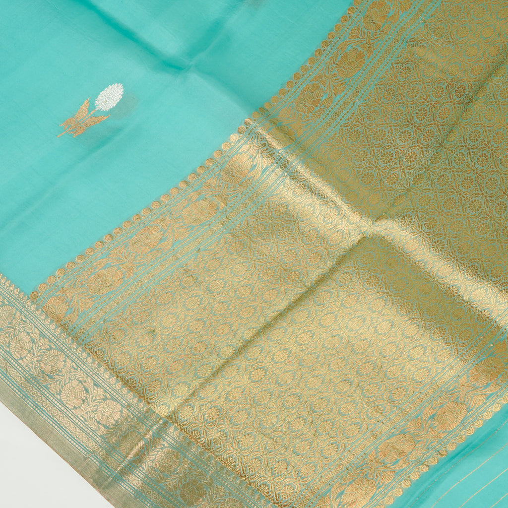 Aqua Teal Blue - Pure Organza Silk Banarasi Saree with Alfi Boota