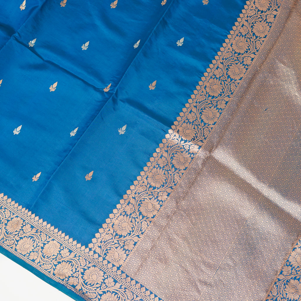German Blue Contrast with lavender border - Pure Banarasi silk Saree with small golden and silver booti