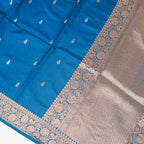 German Blue Contrast with lavender border - Pure Banarasi silk Saree with small golden and silver booti