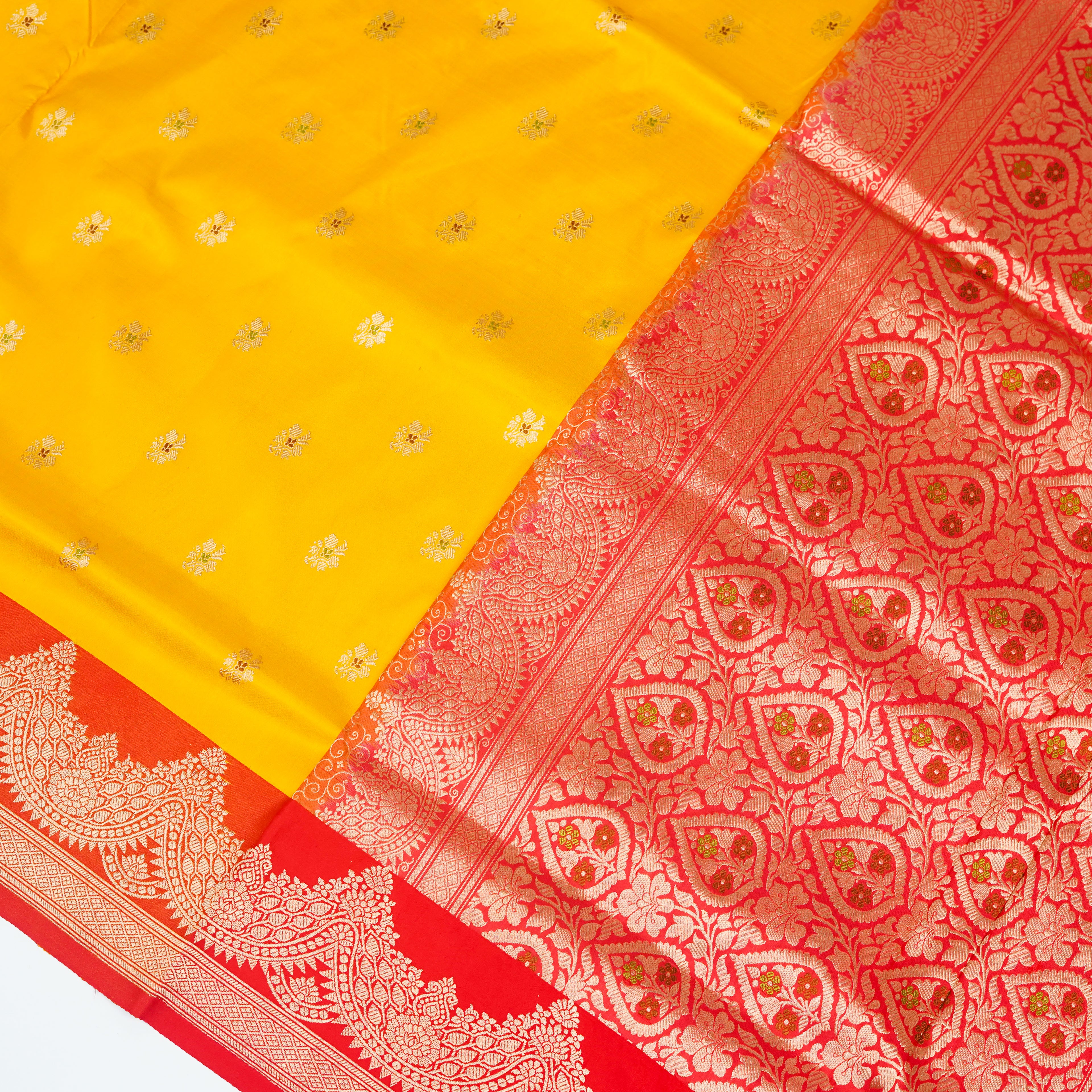 Yellow contrast with Red - Pure Soft premium Katan Silk Banarasi Saree with Alfi small Booti and contrast Satin Border