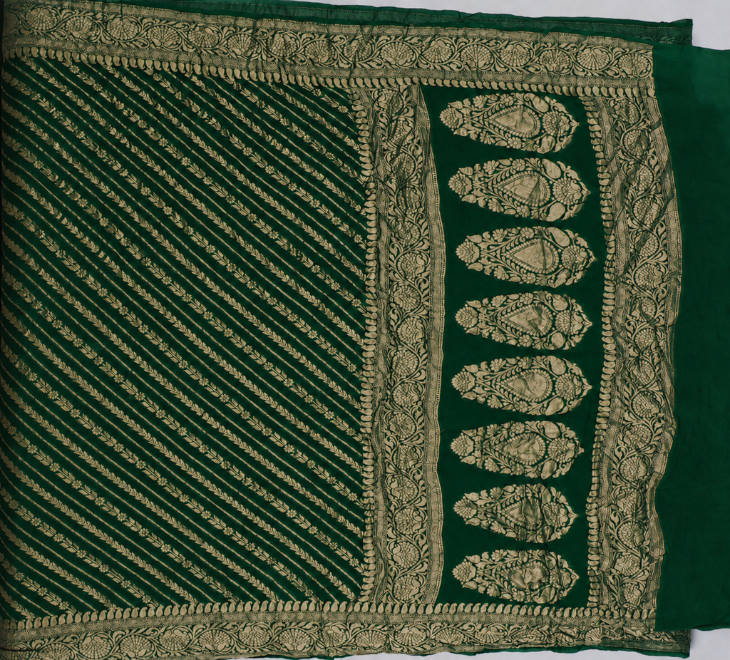 Deep Green - Pure Khaddi Chiffon Georgette Silk Banarasi Saree