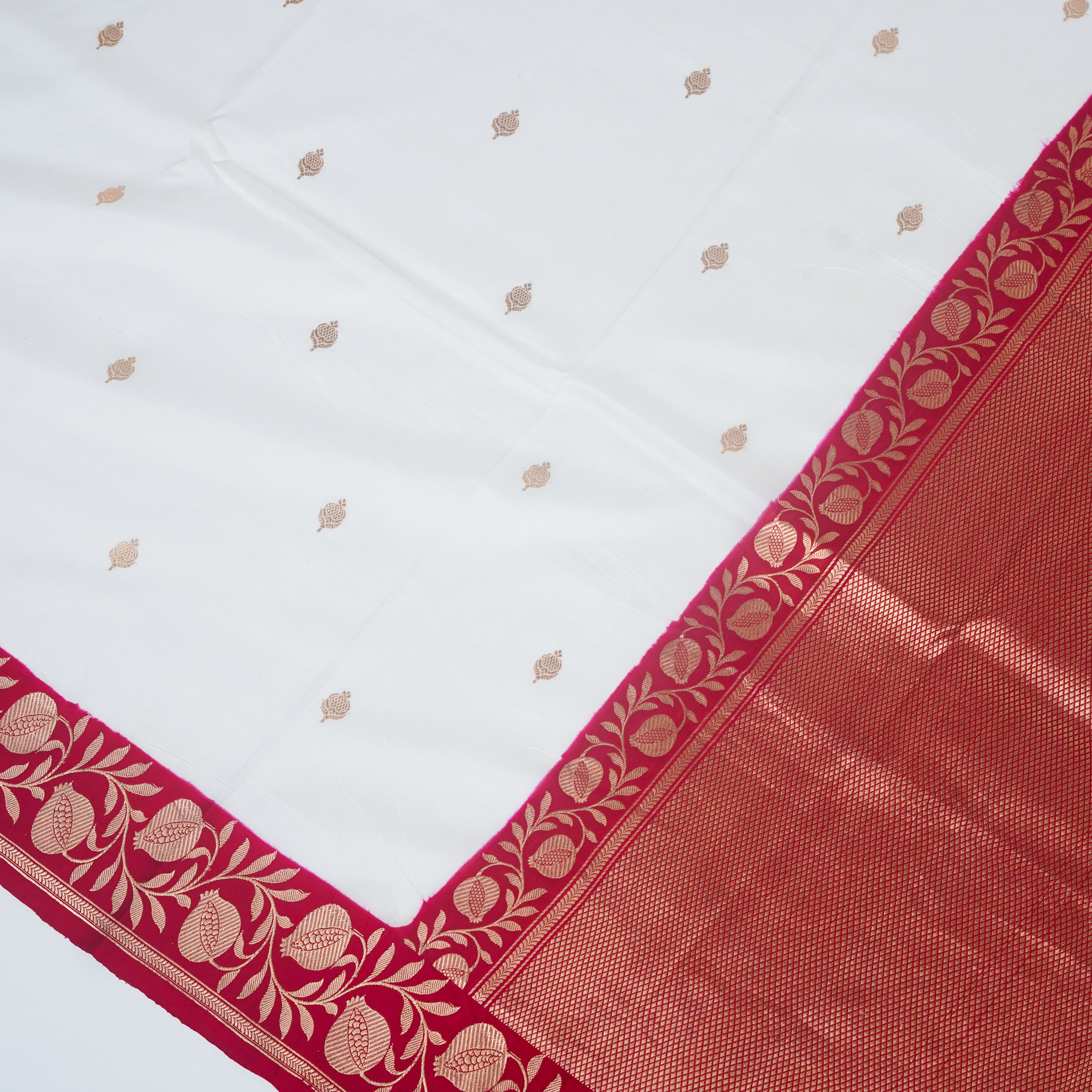 White Contrast with red border - Pure Katan Georgette Banarasi Saree with Satin Border and small golden zari booti