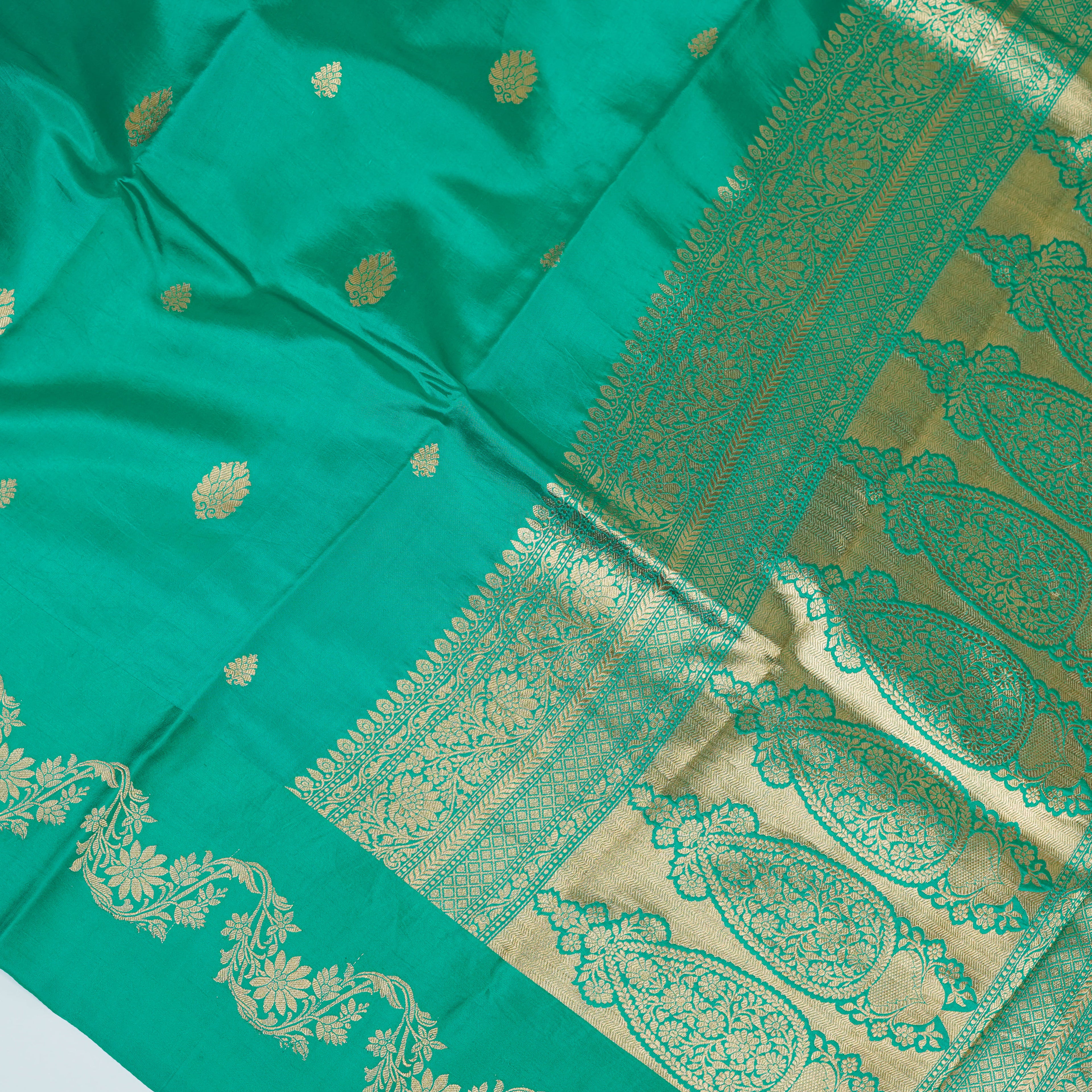 Green - Pure Raw Mango Banarasi Saree with Golden Boota Motifs and Laheria Design at Satin Border