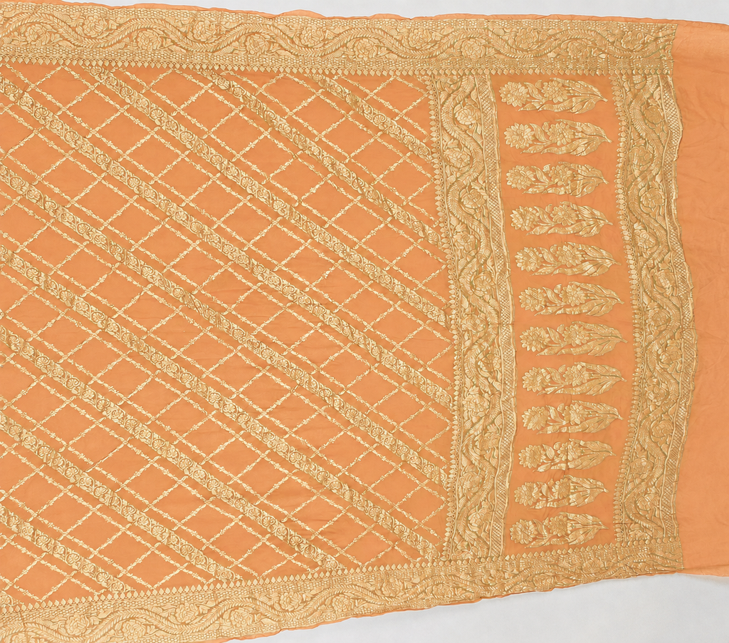 Peach - Pure Khaddi Chiffon Georgette Silk Banarasi Saree