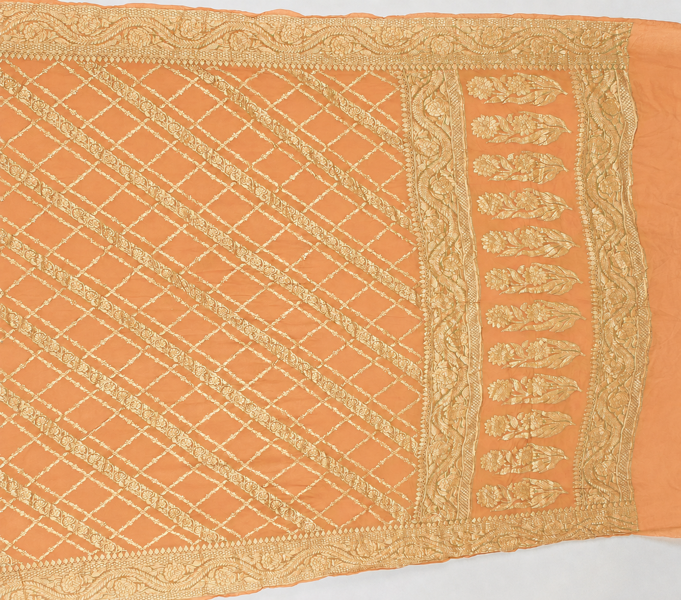 Peach - Pure Khaddi Chiffon Georgette Silk Banarasi Saree