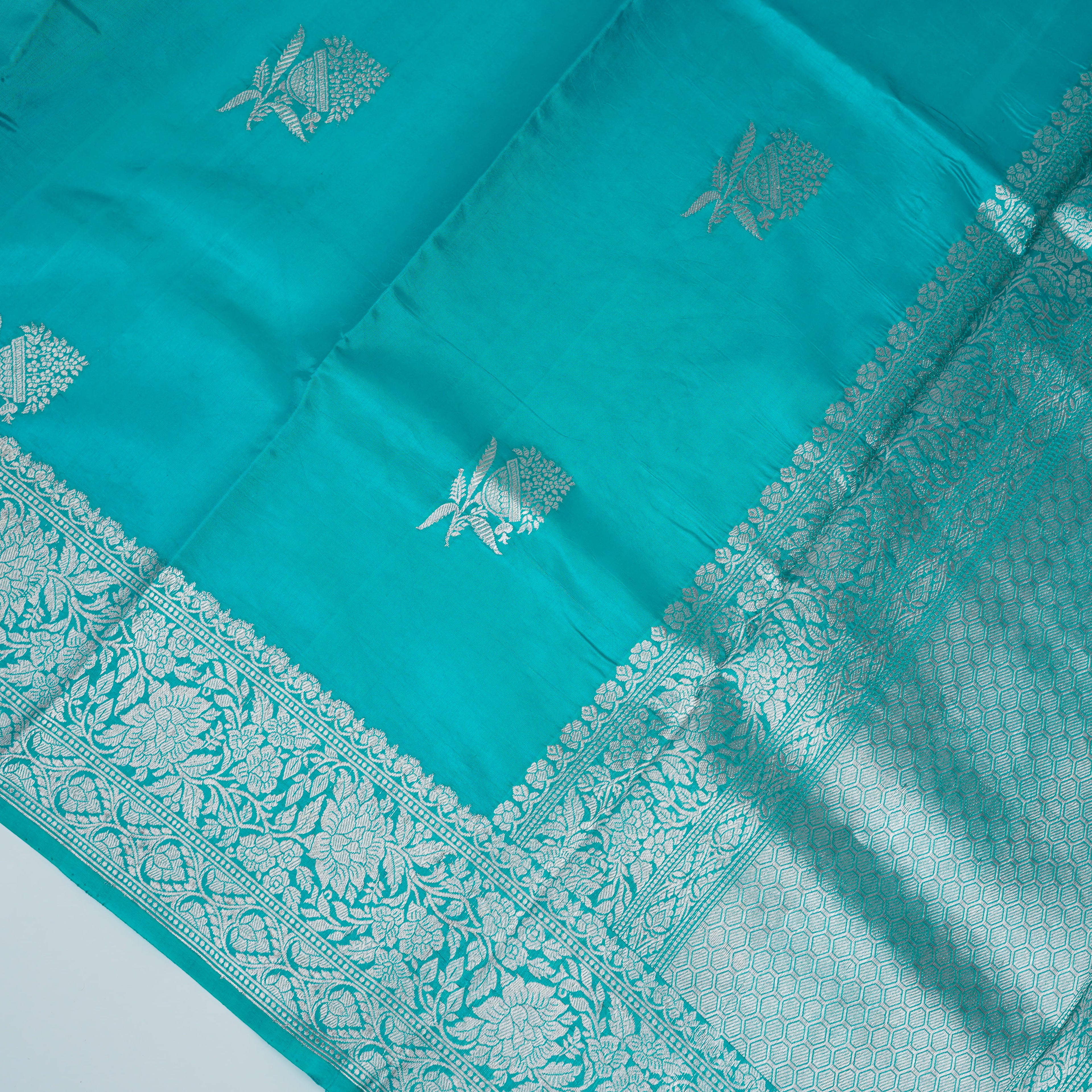 Aqua Green - Pure Raw Mango Banarasi Saree with Silver Zari and Skirt Border Design