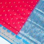 Red contrast with Blue - Pure Soft premium Katan Silk Banarasi Saree with Alfi small Booti and contrast Satin Border