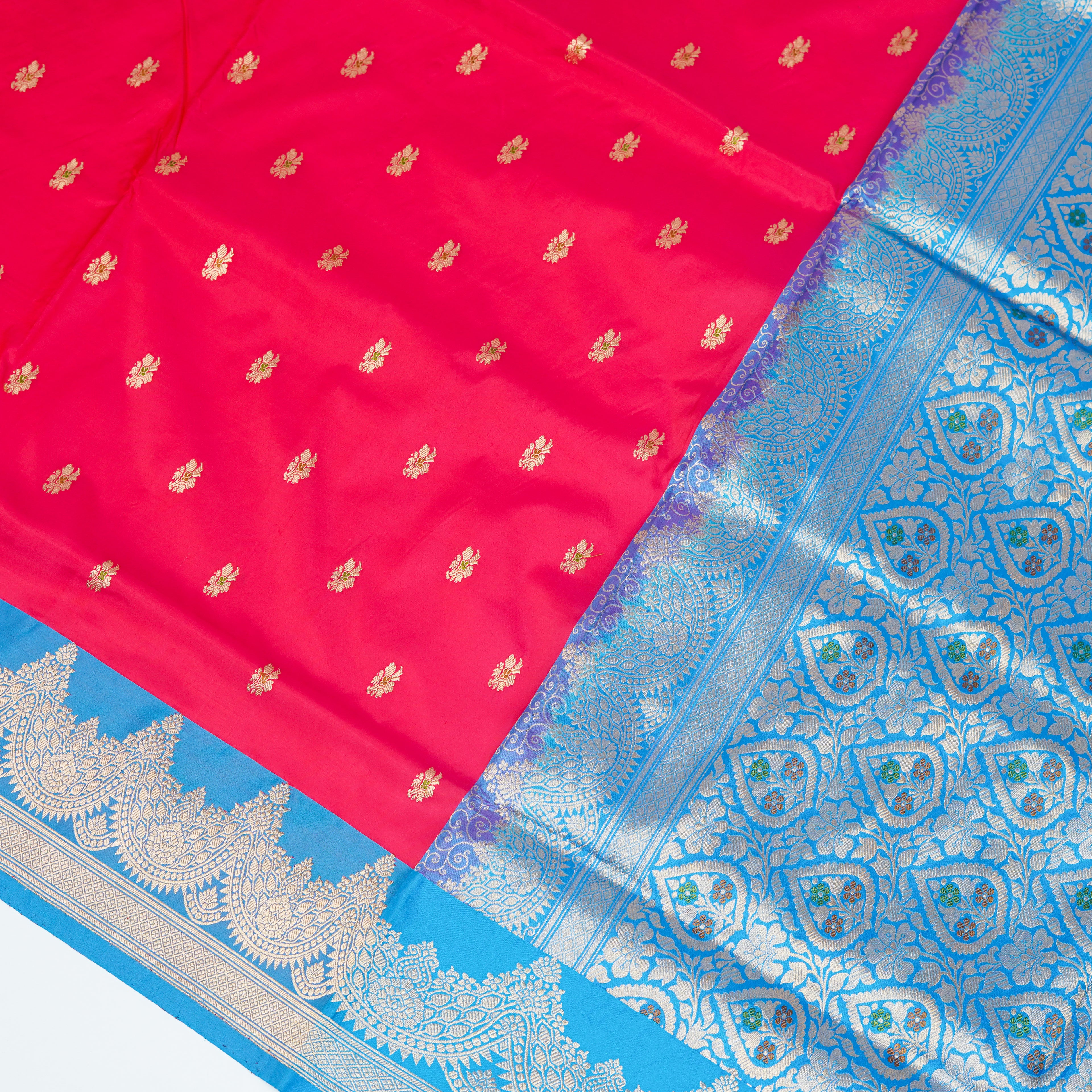 Red contrast with Blue - Pure Soft premium Katan Silk Banarasi Saree with Alfi small Booti and contrast Satin Border