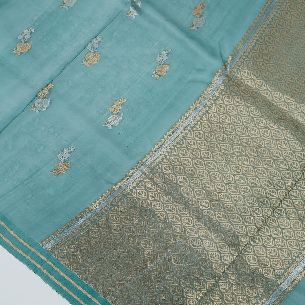 Emerald Deep Green - Pure Organza Banarasi Saree with light Golden silver Zari Booti