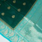 Bottle Green Contrast with Sky blue border - Pure Raw Mango Banarasi Saree with Golden Boota Motifs