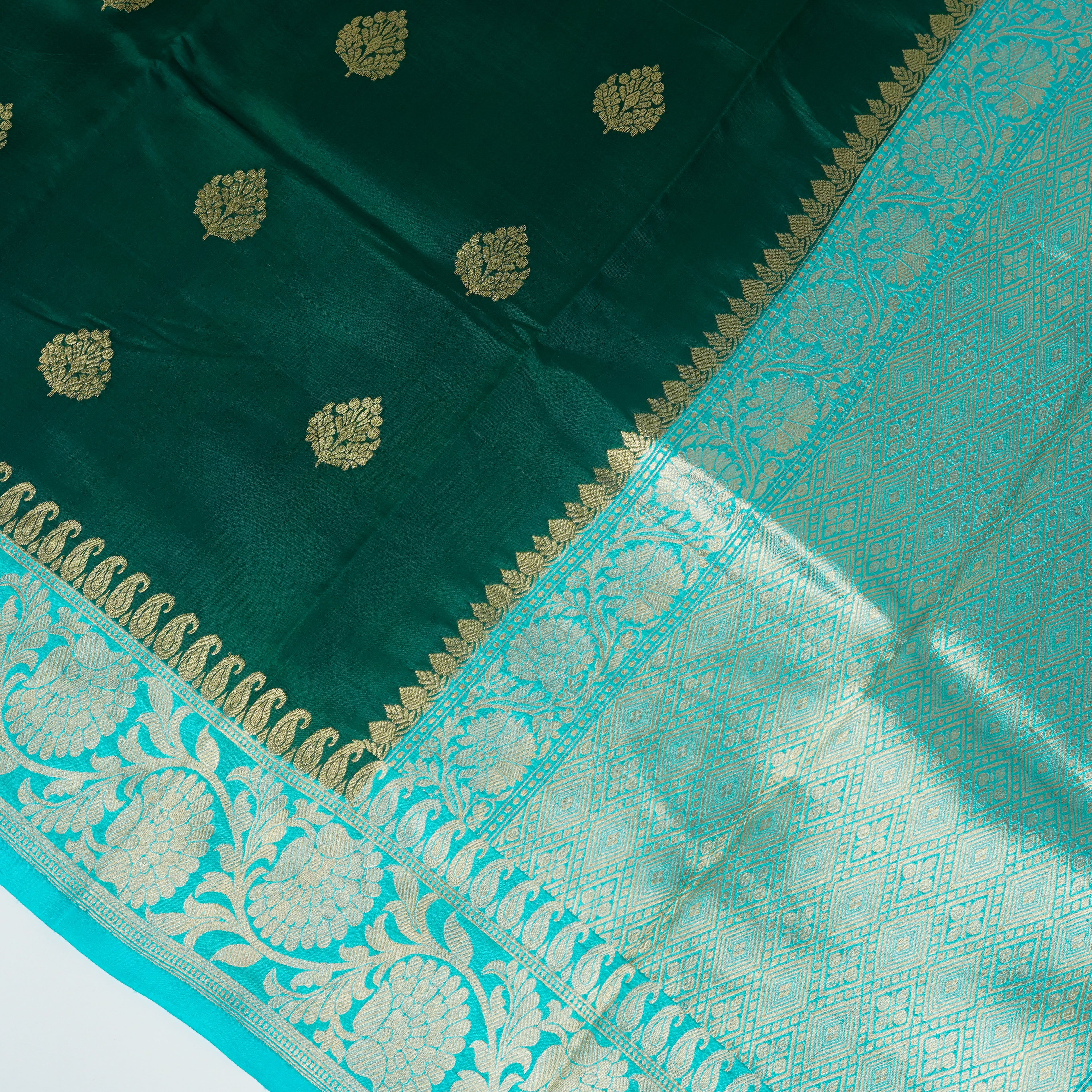 Bottle Green Contrast with Sky blue border - Pure Raw Mango Banarasi Saree with Golden Boota Motifs