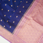 Navy Blue Contrast with lavender border - Pure Banarasi silk Saree with small golden booti