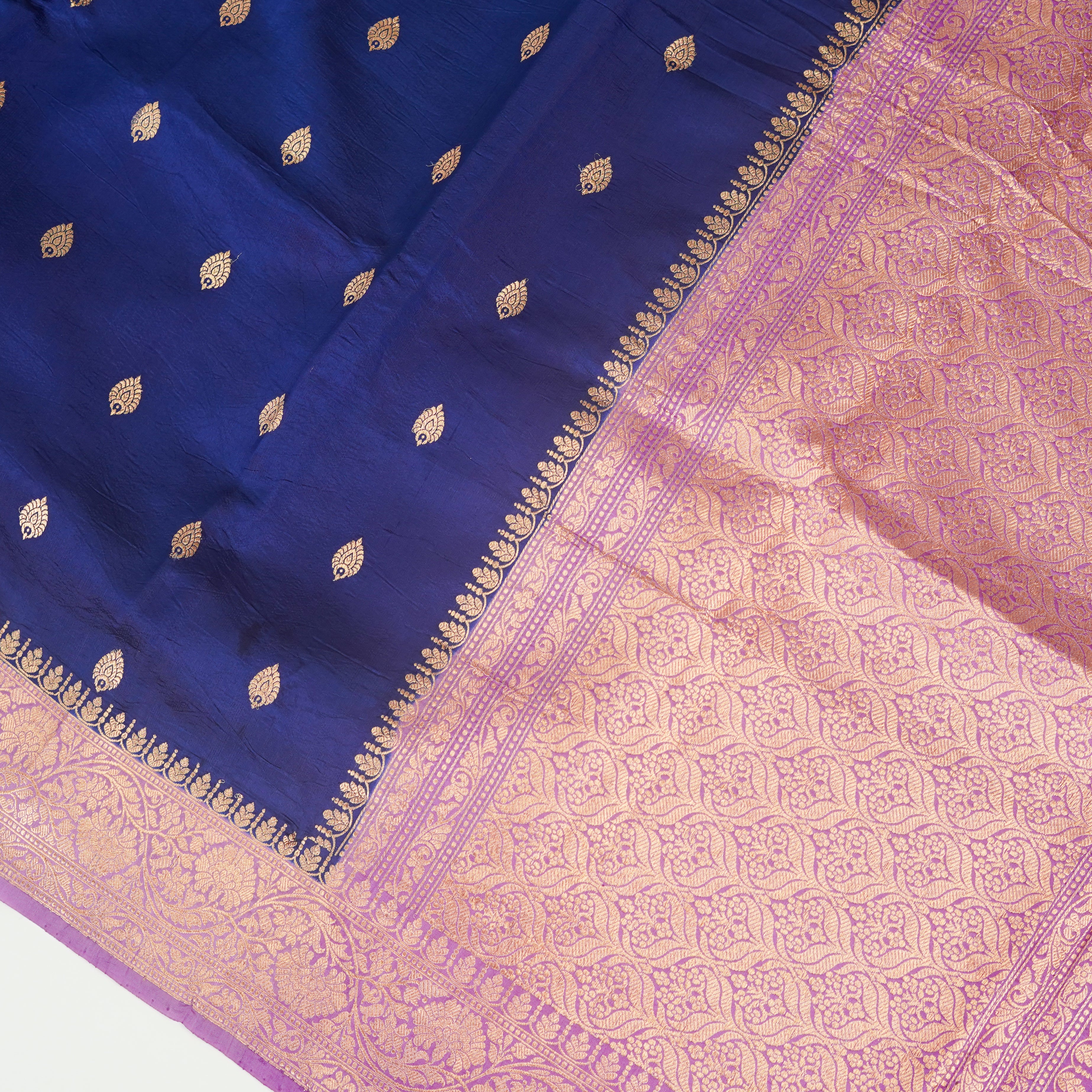 Navy Blue Contrast with lavender border - Pure Banarasi silk Saree with small golden booti
