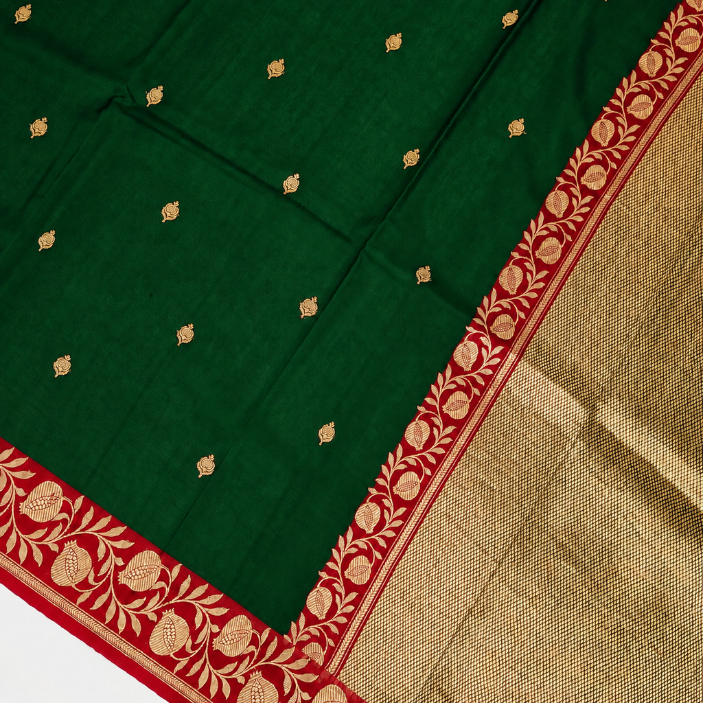 Deep Green contrast with Red  - Pure Raw Mango Banarasi Saree